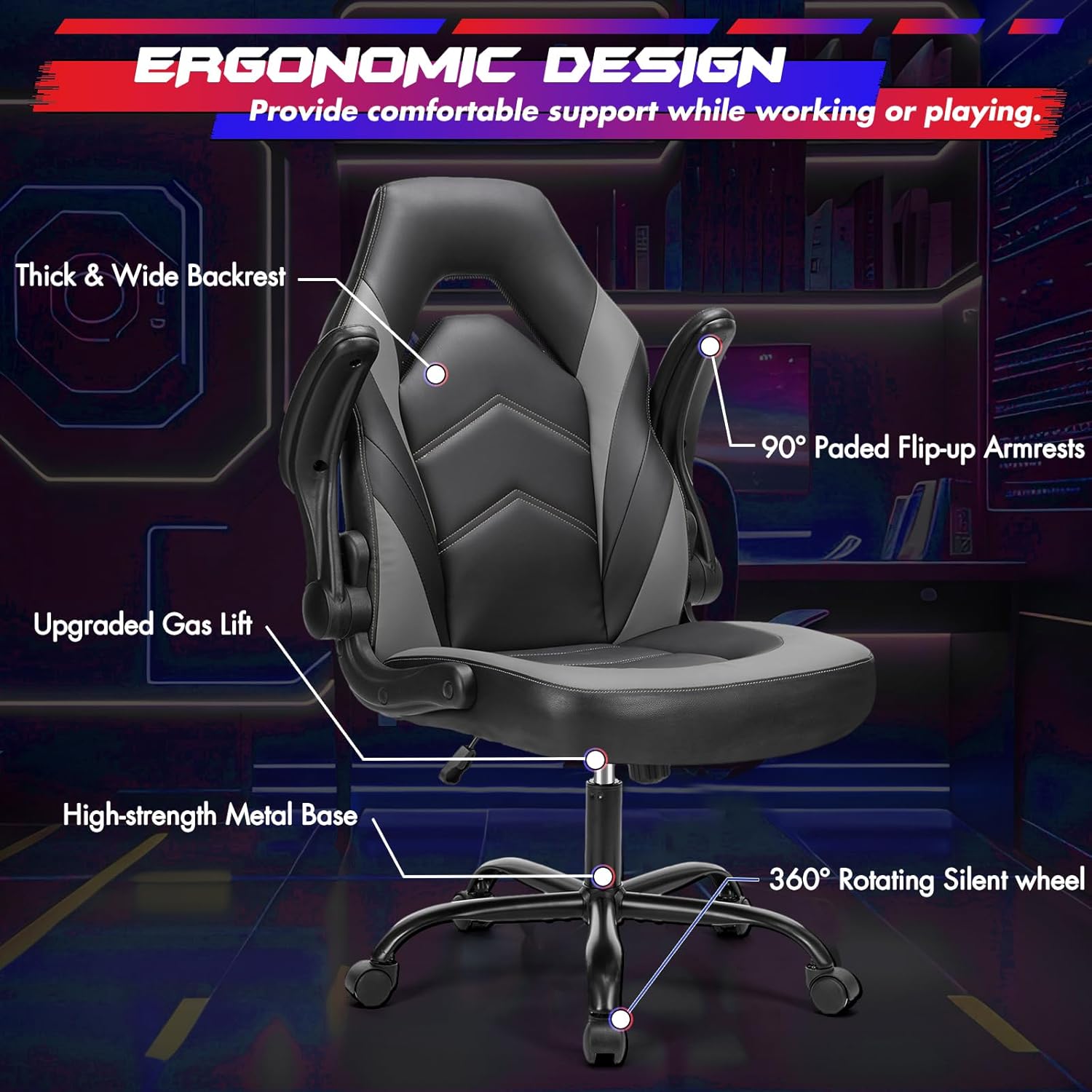 Sweetcrispy Computer Gaming Desk Chair - Ergonomic PU Leather with Comfy Lumbar Support, Height Adjustable Rolling Desk with Flip-up Armrests, for Home and Office-6