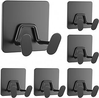 Adhesive Shower Hooks for Bathroom - Extra Sticky Stainless, Wall Hooks for Hanging Towel, Razor, Loofah, Robe, Coat, Heavy Duty Hanger for Kitchen, Bedroom, Door, Metal, Matt Black, 6 Pack