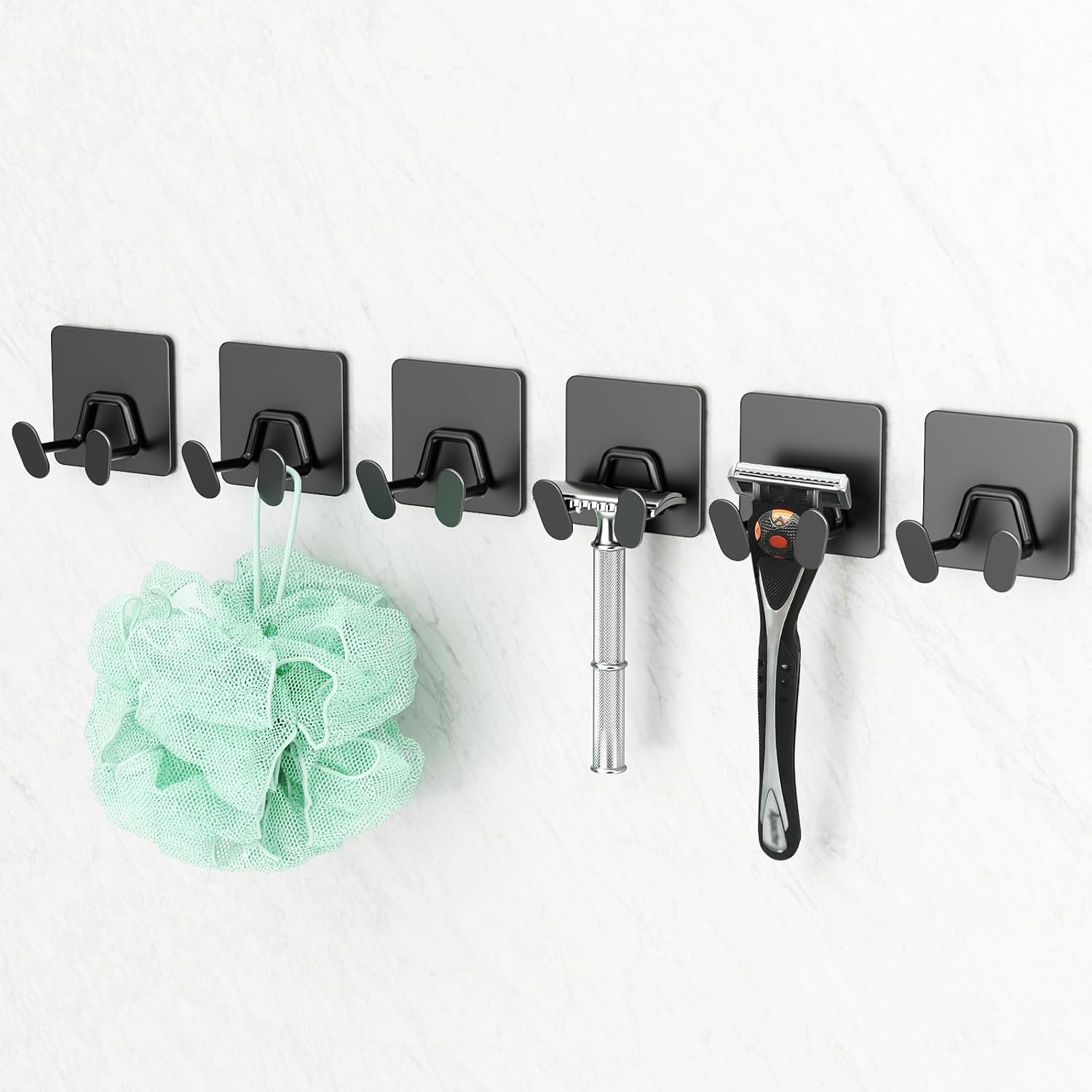 Adhesive Shower Hooks for Bathroom - Extra Sticky Stainless, Wall Hooks for Hanging Towel, Razor, Loofah, Robe, Coat, Heavy Duty Hanger for Kitchen, Bedroom, Door, Metal, Matt Black, 6 Pack-6