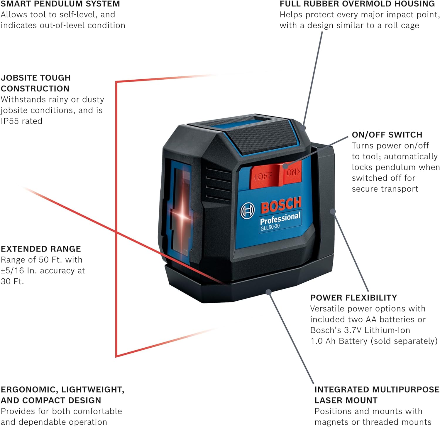 BOSCH GLL50-20 50 Ft Self-Leveling Cross-Line Laser, Includes Integrated Magnetic Mount & 2 AA Batteries-1