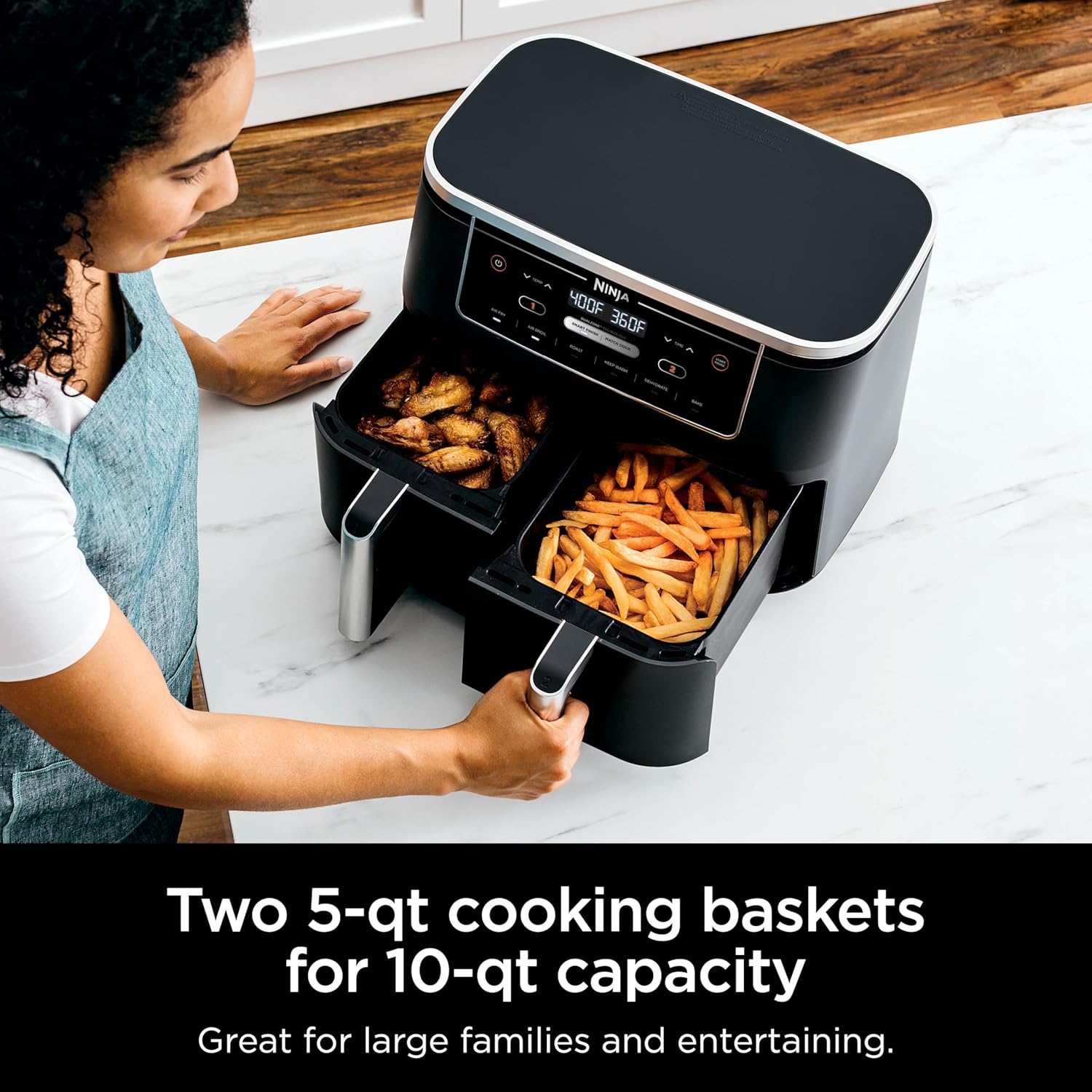 Ninja Air Fryer, Roast, Bake, Air Fry, Crisps, Broil, Reheats, Keep Warm, 10-in-1, Fries, Frozen Food, Veggies, and Meat, Quick Meals, Healthy Meals, Less Oil, 10 QT, Black, DZ302​-4