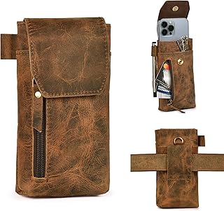 LEATHER VILLAGE Genuine Leather 7”x3.5” Phone Holster Pouch with Belt Clip, Magnetic Closure, ID Card Holder - Brown Universal Case for iPhone, Samsung Galaxy, Google Pixel