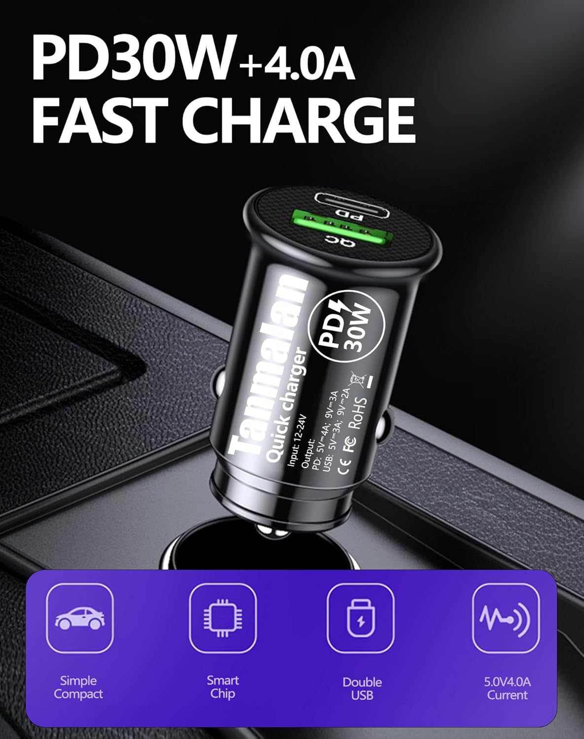 Fast Charging-Mini Design-Tanmalan Quick Car Charger,PD + QC,Mini Design Black,5V 4A,-1