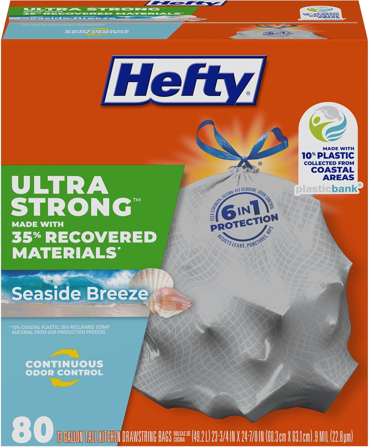 Hefty® Ultra Strong Tall Kitchen Trash Bags, 35% Recovered Materials, Seaside Breeze, 13 Gallon, 80 Count-0