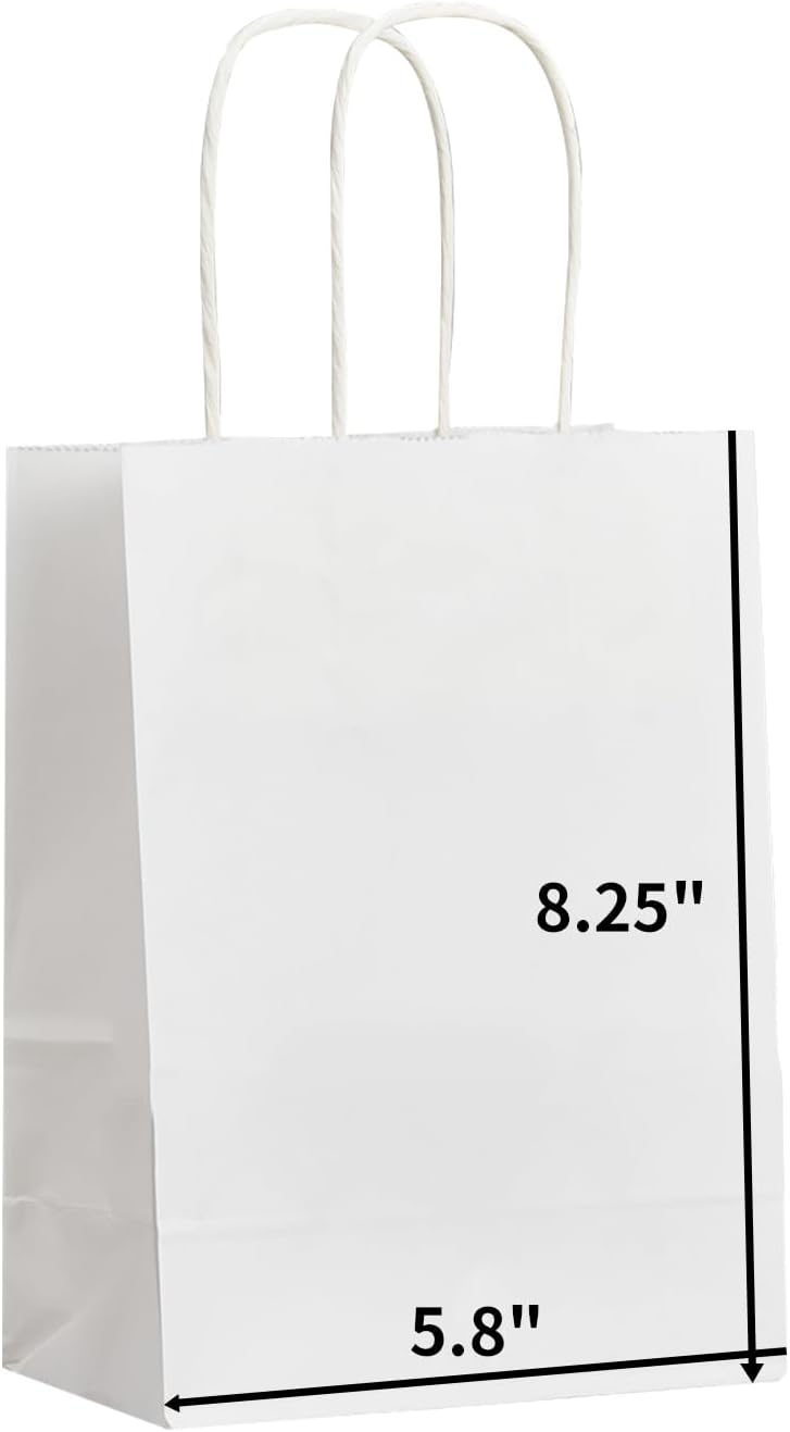 METAPRINT 100 Pack Small Paper Gift Bags 5.8x3.2x8.25 Inch White Paper Bags with Handles, Kraft Bags for Birthday Party Favors Grocery Retail Shopping Business Goody Craft Bags (White 100 Count)-0