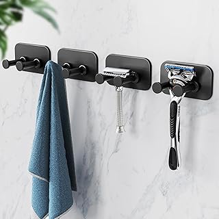 Adhesive Shower Hooks for Bathroom - Razor Holder for Inside Shower, Heavy Duty Hooks for Towel, Shaver, Robe and Loofah, Door Hooks for Hanging, Wall Mounted, Black, 4 Pack