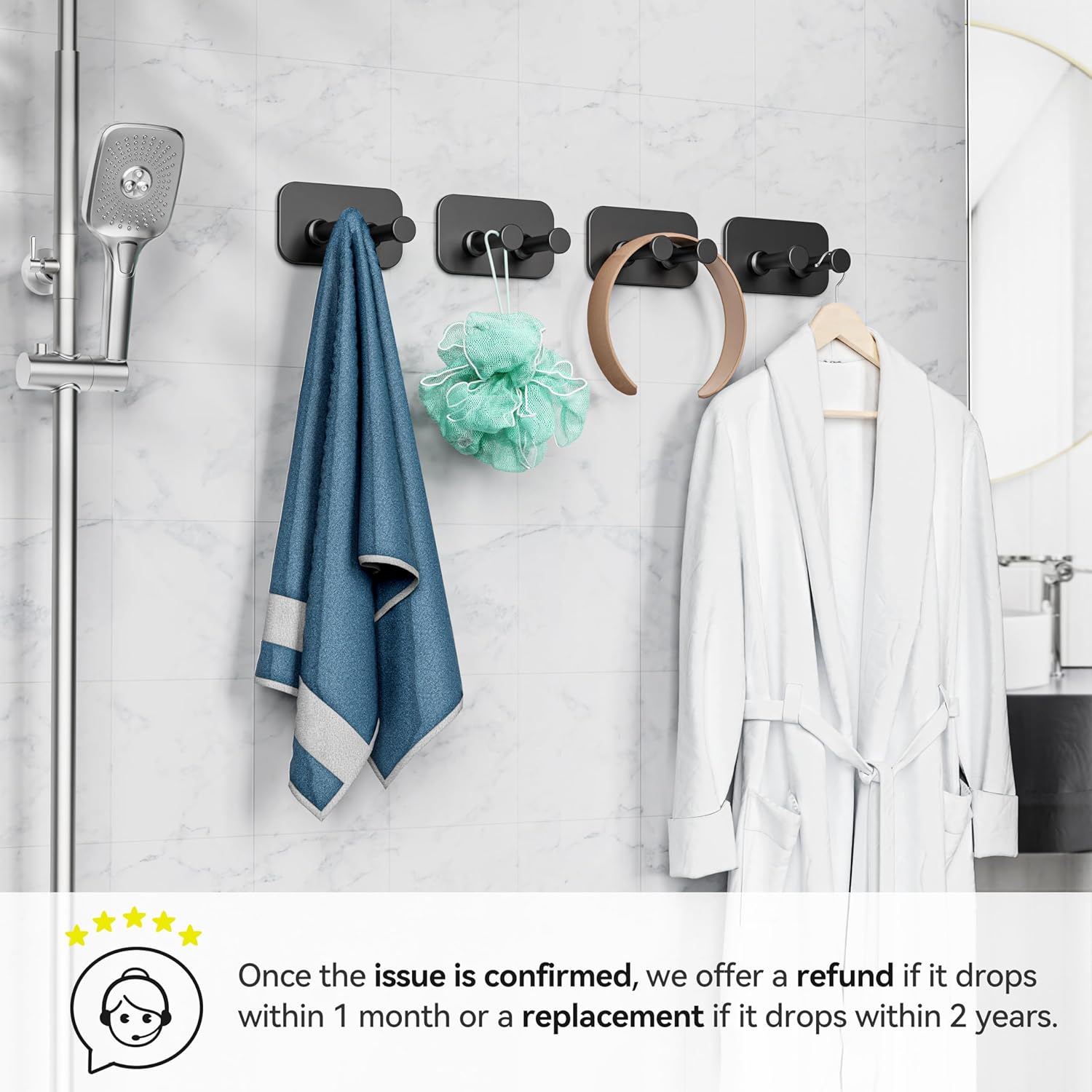 Adhesive Shower Hooks for Bathroom - Razor Holder for Inside Shower, Heavy Duty Hooks for Towel, Shaver, Robe and Loofah, Door Hooks for Hanging, Wall Mounted, Black, 4 Pack-6