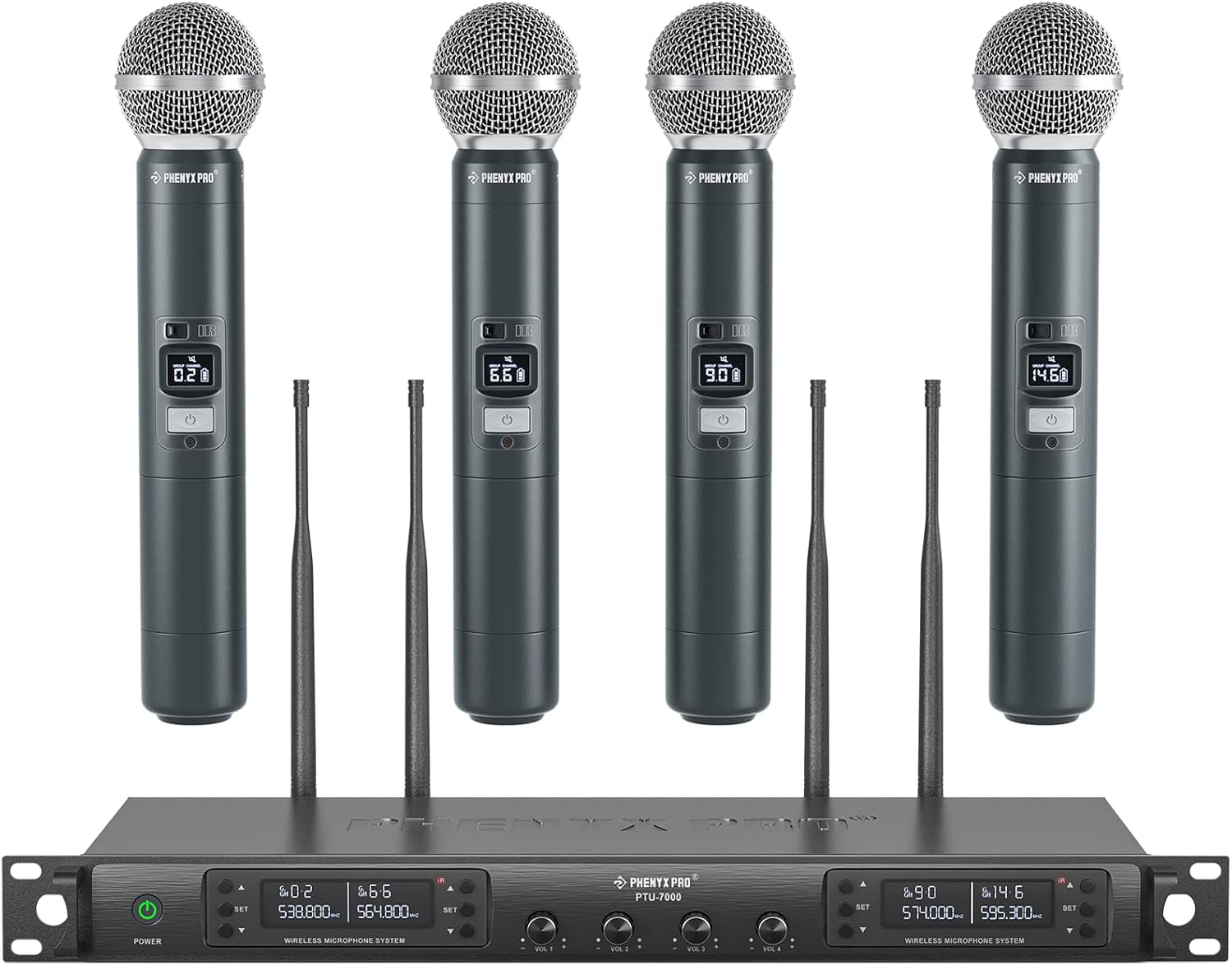 Phenyx Pro Wireless Microphone System, Quad Channel Wireless Mic, w/ 4x40 UHF Frequencies, Auto Scan, 328ft Long Range, 4 Handheld Dynamic Microphone for Singing, Church, Karaoke (PTU-7000-4H)-0