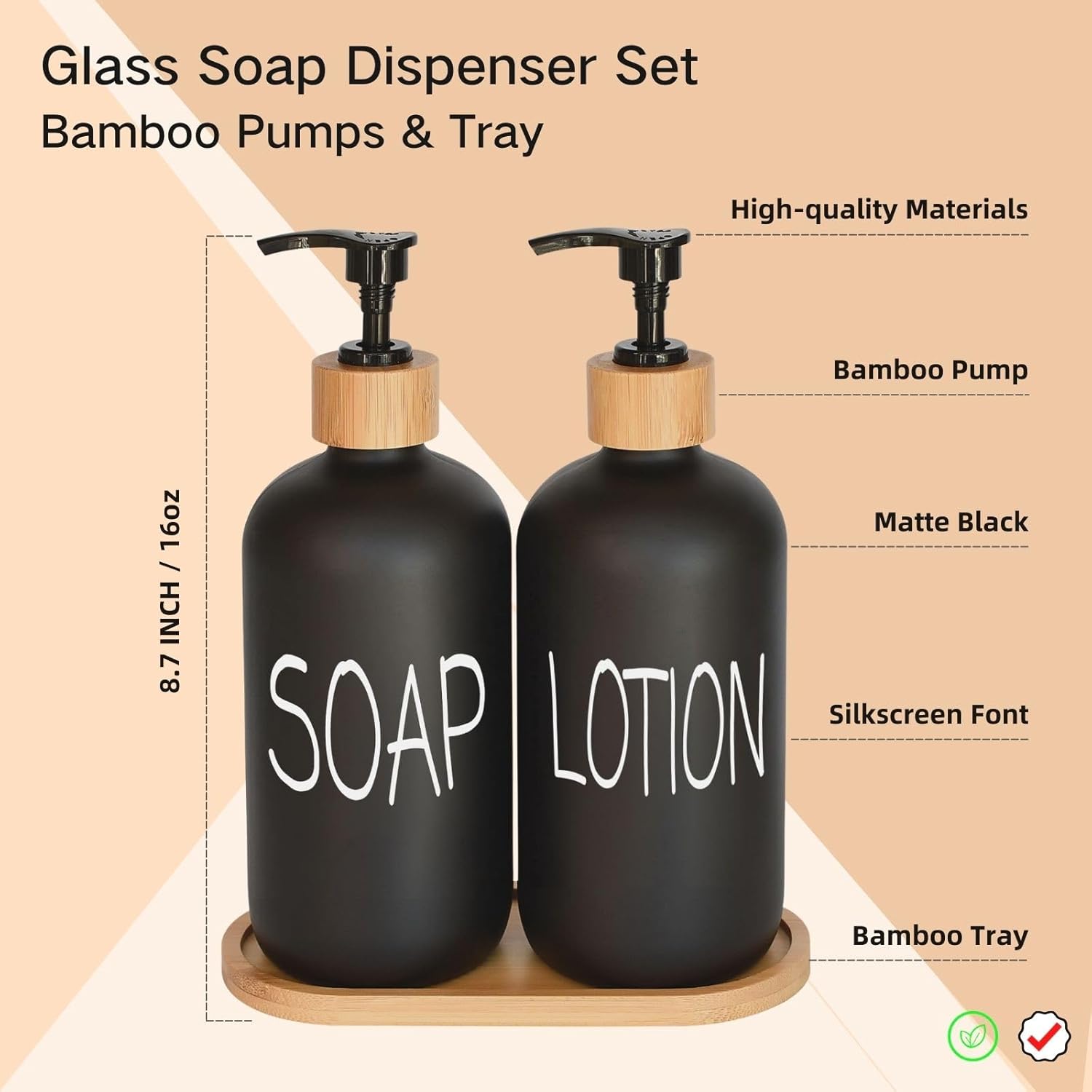 Black Soap Dispenser Bathroom Set, Set with Glass Dispenser, Bamboo Pumps & Tray. Hand and Lotion Suitable for Farmhouse Decor-1