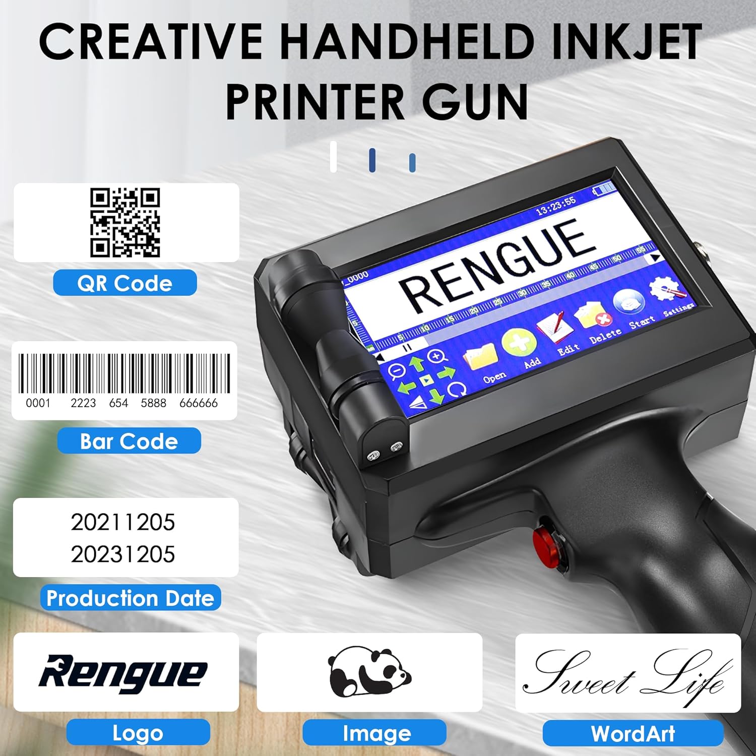 Rengue Handheld Inkjet Printer Gun, Portable Handheld Printer Quick-Drying Inkjet Coding Machine, 4.3" Mobile Touch Screen Inkjet Label Printer for QRCode, Barcode, Batch Number, Date (28 Languages)-3