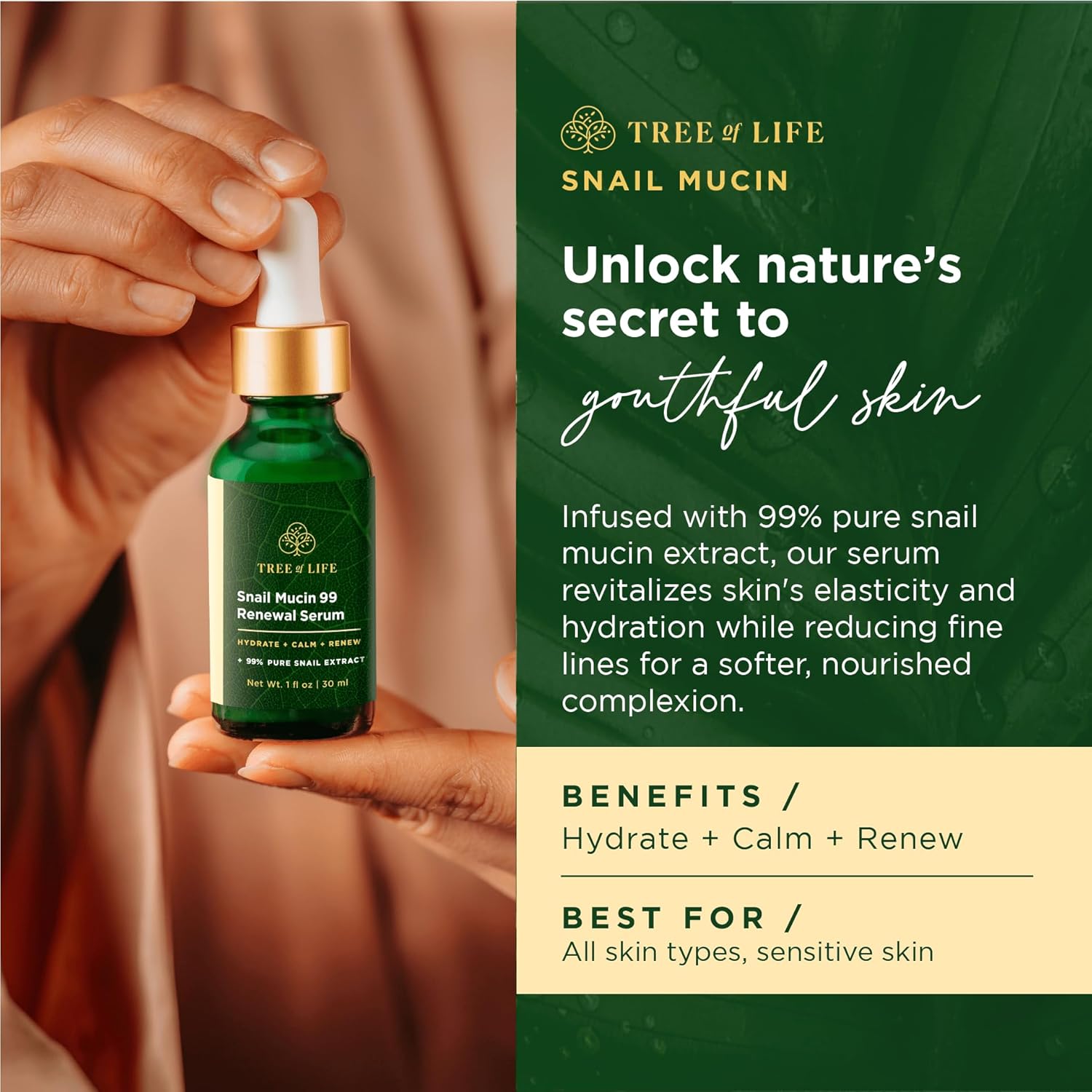 Tree of Life Beauty Hydrating Facial Serum - Advanced Snail Mucin 99% Pure Extract - Moisturizer for Hydration & Skin Regeneration - Reduces Fine Lines - Suitable for Sensitive Skin - 1 Fl Oz-1