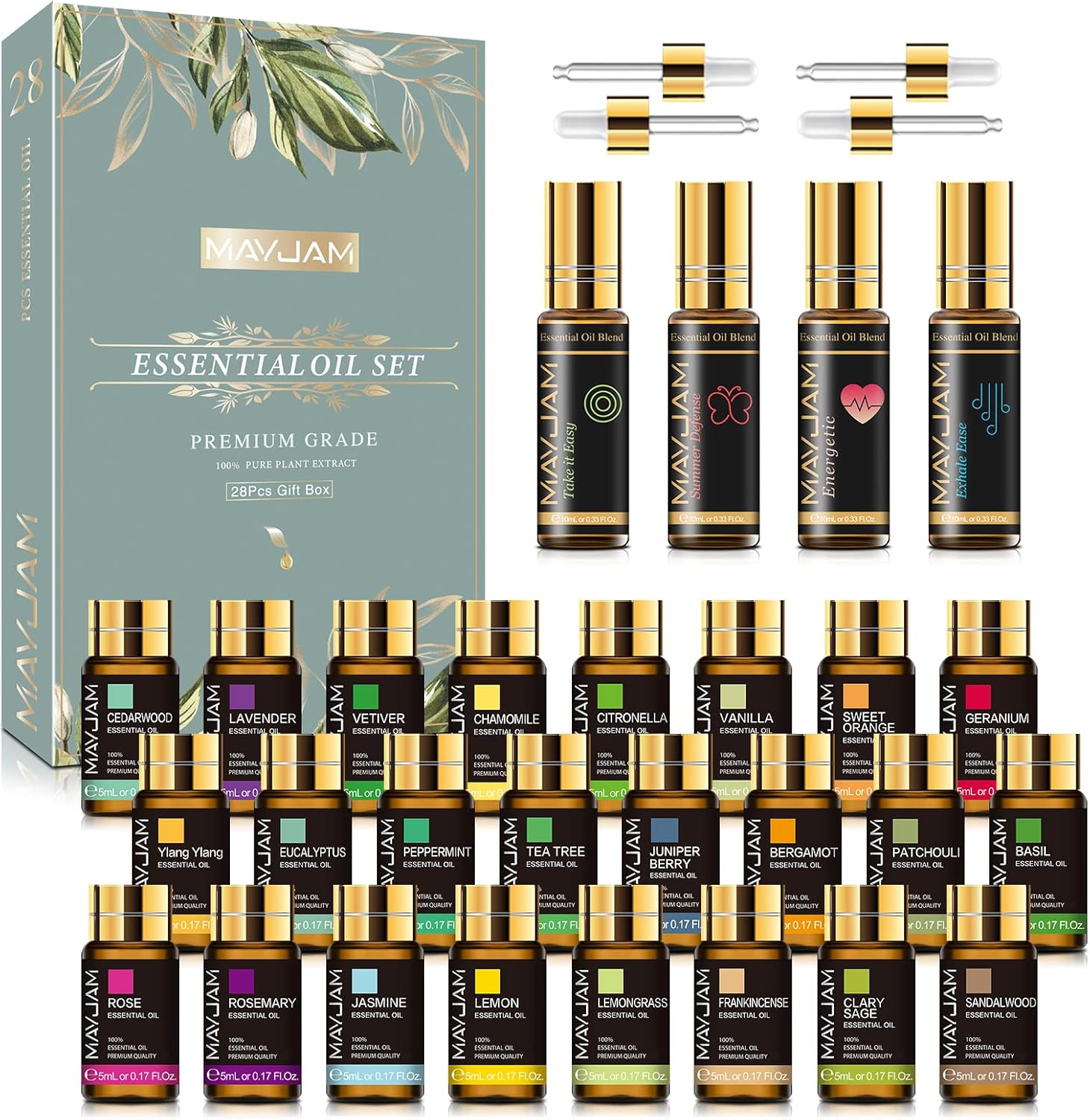 Top 28 Essential Oil Set for Diffuser Massage, 24x5ml Essential Oil Singles, 4x10ml Essential Oil Blends for Home Office Yoga-0