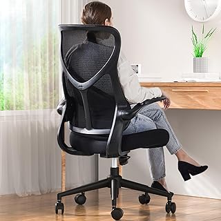 Sweetcrispy Ergonomic Office Desk Computer Chair, Comfy High Back Swivel Rolling Home Mesh Gaming Chairs with Wheels, Lumbar Support, Flip-up Arms,120°tilt for Bedroom, Study, Work, Black