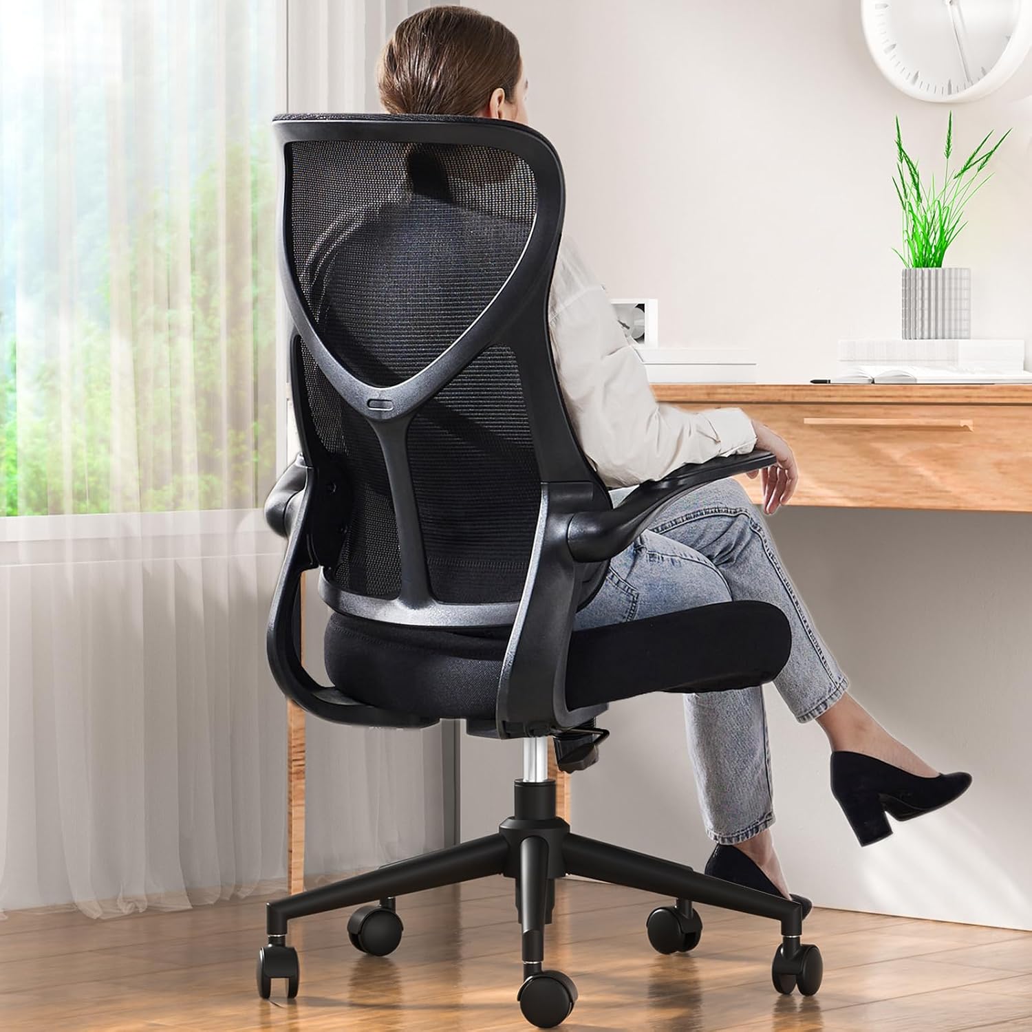 Sweetcrispy Ergonomic Office Desk Computer Chair, Comfy High Back Swivel Rolling Home Mesh Gaming Chairs with Wheels, Lumbar Support, Flip-up Arms,120°tilt for Bedroom, Study, Work, Black-0