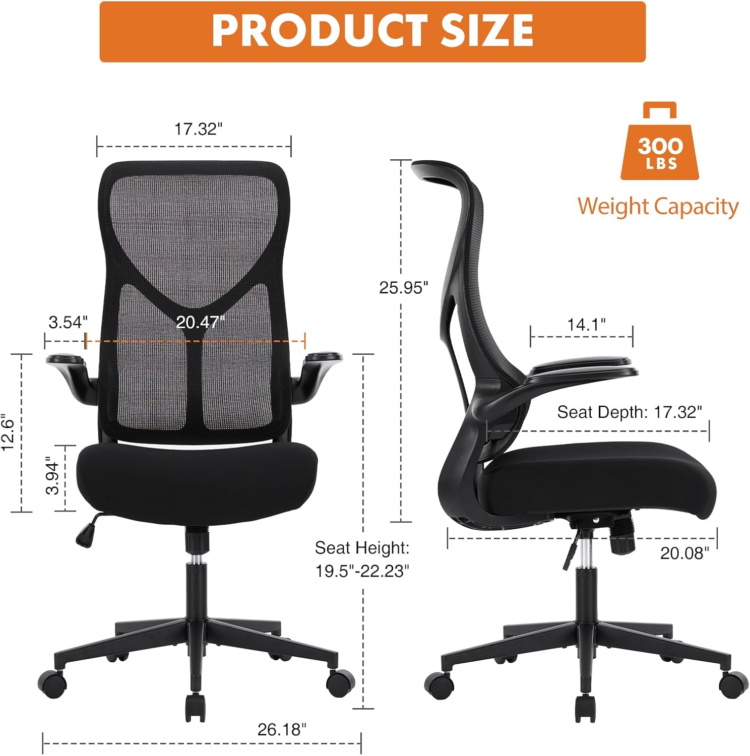 Sweetcrispy Ergonomic Office Desk Computer Chair, Comfy High Back Swivel Rolling Home Mesh Gaming Chairs with Wheels, Lumbar Support, Flip-up Arms,120°tilt for Bedroom, Study, Work, Black-1