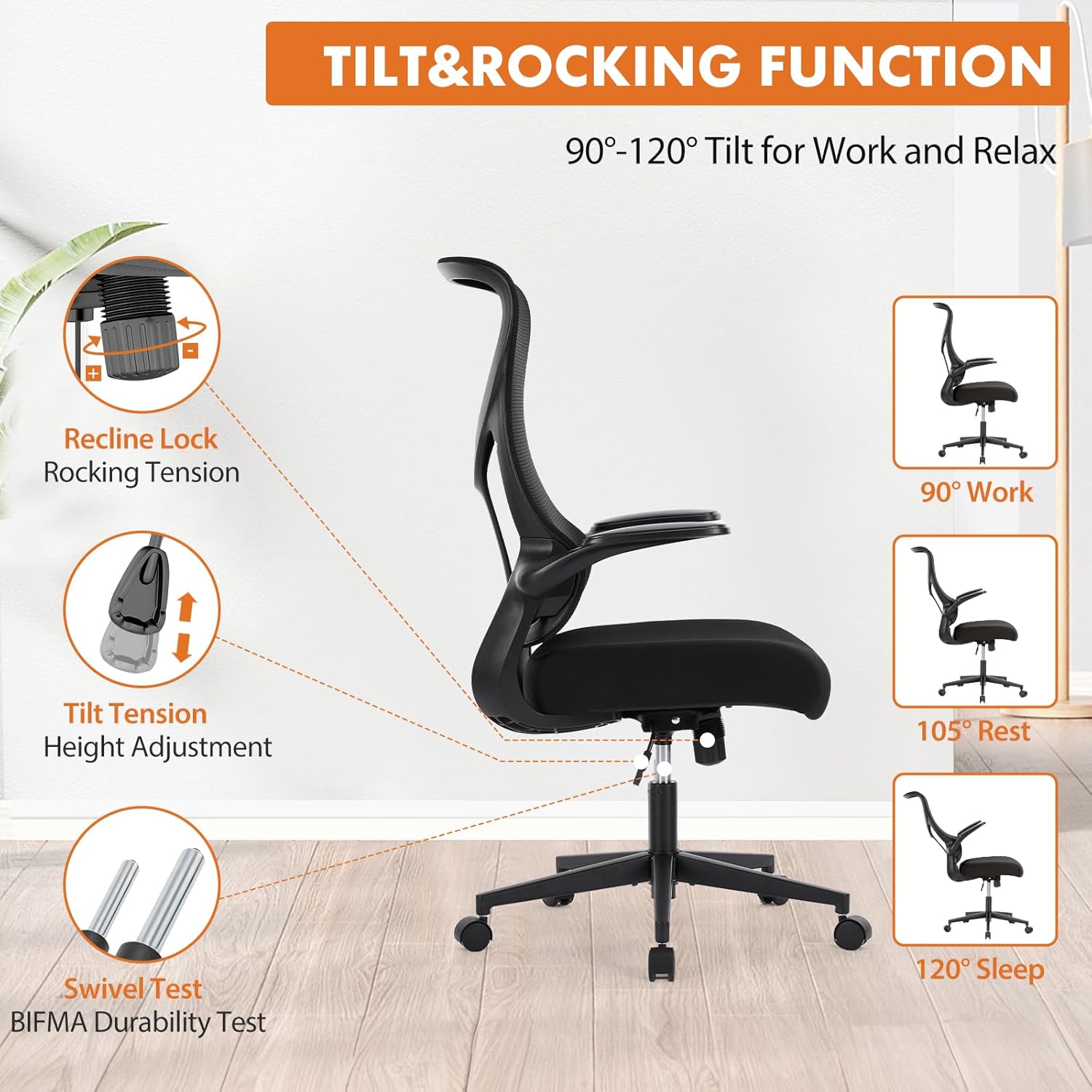 Sweetcrispy Ergonomic Office Desk Computer Chair, Comfy High Back Swivel Rolling Home Mesh Gaming Chairs with Wheels, Lumbar Support, Flip-up Arms,120°tilt for Bedroom, Study, Work, Black-3