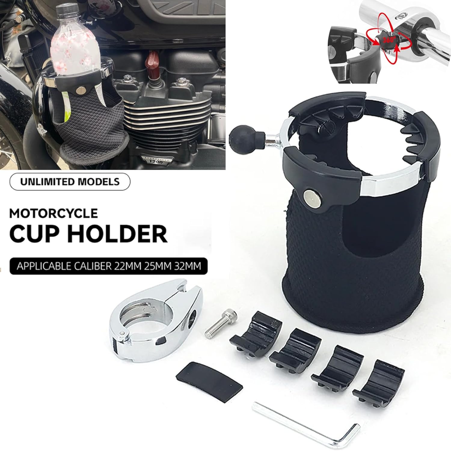 Motorcycle Cup Holder, 22MM 25MM 32MM Caliber Handlebar Universal Water Bottle Drink Cup Basket Holders with 360°Swivel Ball for Harley/Car/Bike/Kayak/ATV/UTV/Boat/Canoe/Scooter/Walker-1