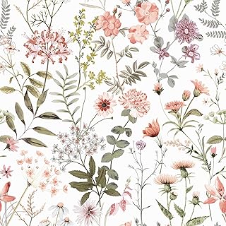 VEELIKE 17.7''x354'' Peach Pink Wildflowers Floral Wallpaper Mural Peel and Stick Pink Floral Contact Paper for Walls Shelves Nursery Wallpaper Removable Adhesive Floral Vinyl Wallpaper for Bedroom