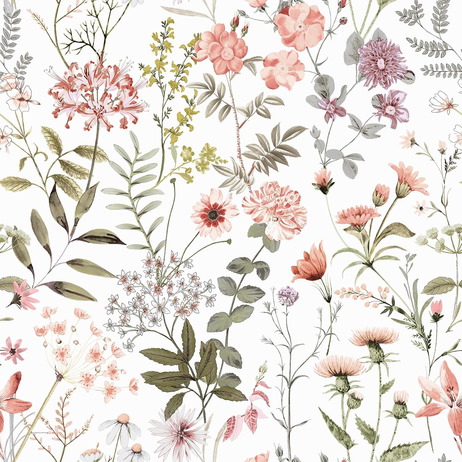 VEELIKE 17.7''x354'' Peach Pink Wildflowers Floral Wallpaper Mural Peel and Stick Pink Floral Contact Paper for Walls Shelves Nursery Wallpaper Removable Adhesive Floral Vinyl Wallpaper for Bedroom-0