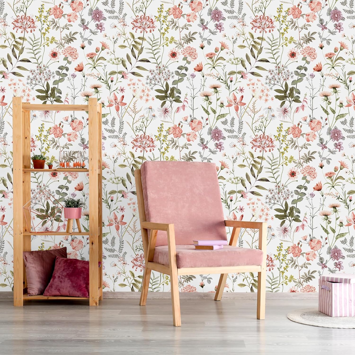 VEELIKE 17.7''x354'' Peach Pink Wildflowers Floral Wallpaper Mural Peel and Stick Pink Floral Contact Paper for Walls Shelves Nursery Wallpaper Removable Adhesive Floral Vinyl Wallpaper for Bedroom-1