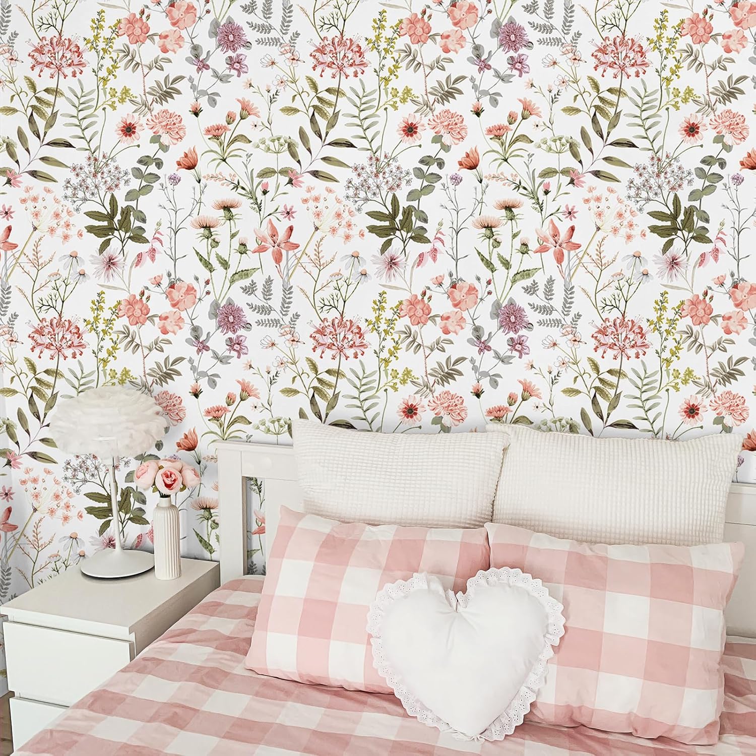 VEELIKE 17.7''x354'' Peach Pink Wildflowers Floral Wallpaper Mural Peel and Stick Pink Floral Contact Paper for Walls Shelves Nursery Wallpaper Removable Adhesive Floral Vinyl Wallpaper for Bedroom-3