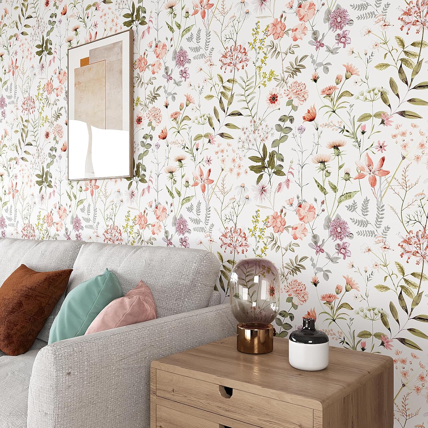 VEELIKE 17.7''x354'' Peach Pink Wildflowers Floral Wallpaper Mural Peel and Stick Pink Floral Contact Paper for Walls Shelves Nursery Wallpaper Removable Adhesive Floral Vinyl Wallpaper for Bedroom-4