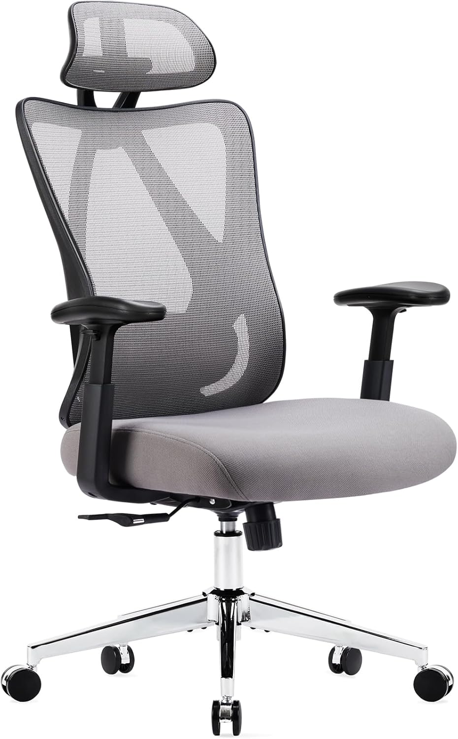 Sweetcrispy Ergonomic Office Desk Computer Chair, High Back Comfy Swivel Home Gaming Mesh Chairs with Wheels, Adjustable Lumbar Support, Headrest, Liftable 2D Arms,135° Tilt for Bedroom, Study, Grey-0