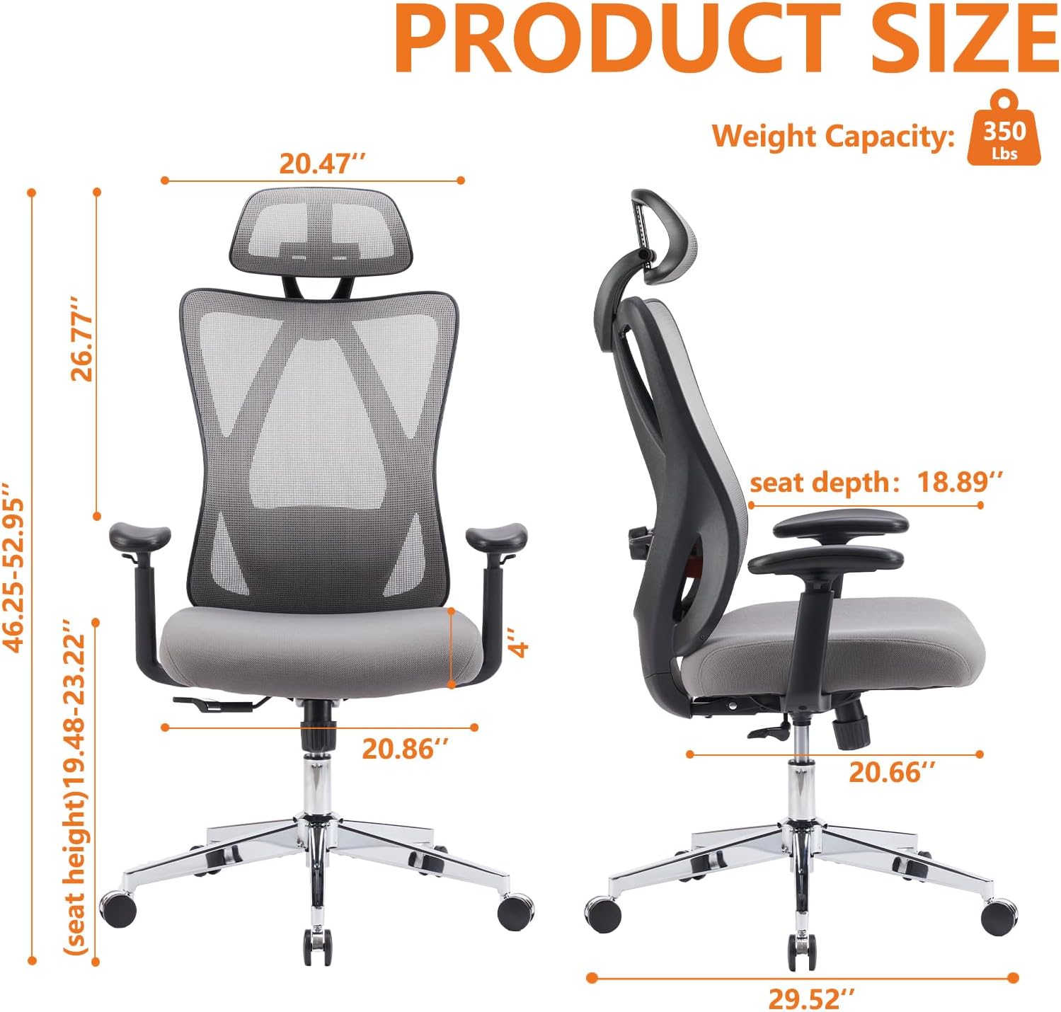 Sweetcrispy Ergonomic Office Desk Computer Chair, High Back Comfy Swivel Home Gaming Mesh Chairs with Wheels, Adjustable Lumbar Support, Headrest, Liftable 2D Arms,135° Tilt for Bedroom, Study, Grey-2