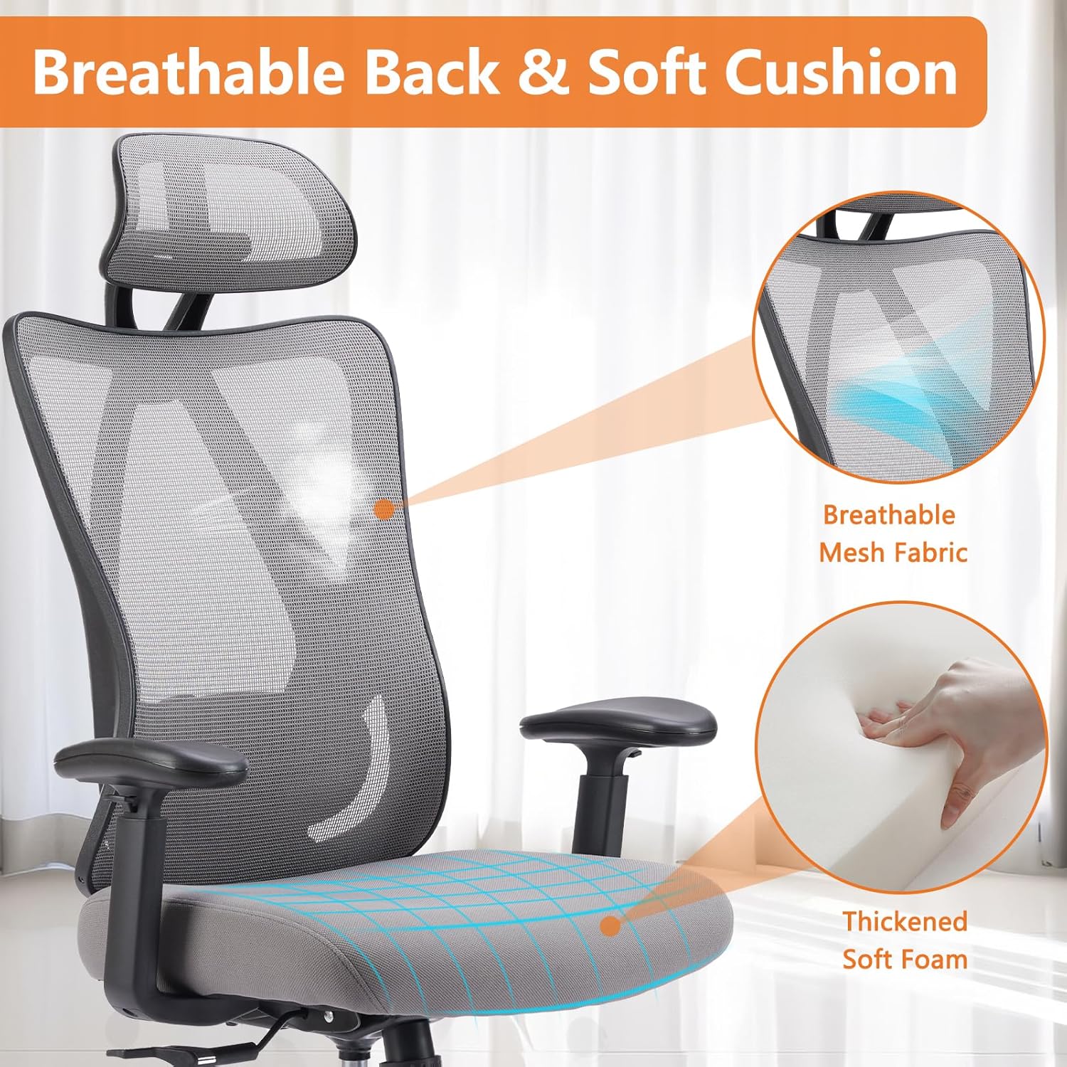 Sweetcrispy Ergonomic Office Desk Computer Chair, High Back Comfy Swivel Home Gaming Mesh Chairs with Wheels, Adjustable Lumbar Support, Headrest, Liftable 2D Arms,135° Tilt for Bedroom, Study, Grey-4