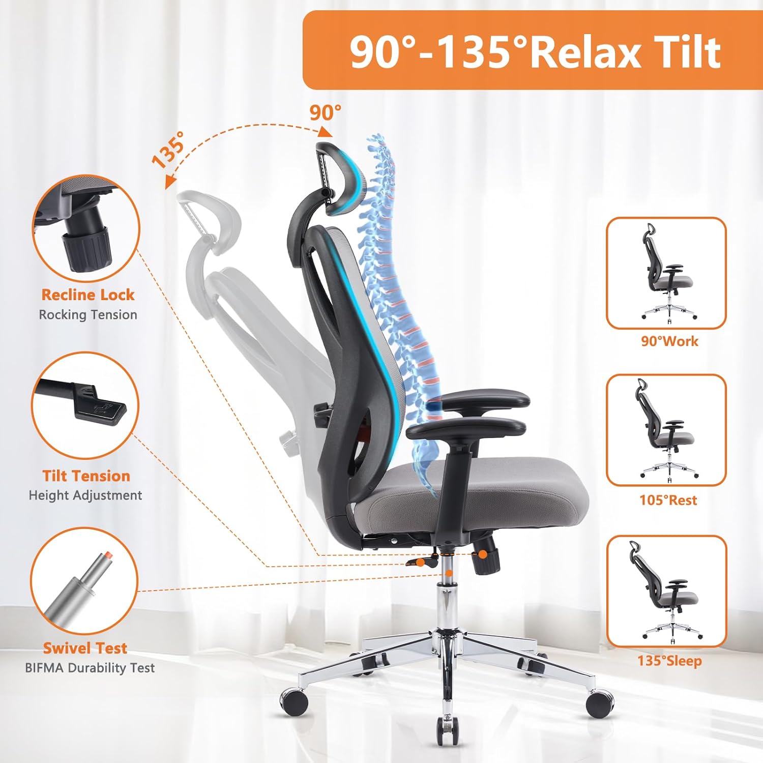 Sweetcrispy Ergonomic Office Desk Computer Chair, High Back Comfy Swivel Home Gaming Mesh Chairs with Wheels, Adjustable Lumbar Support, Headrest, Liftable 2D Arms,135° Tilt for Bedroom, Study, Grey-5