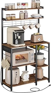 VASAGLE Bakers Rack with Power Outlet, 35.4 Inches Microwave Stand, Coffee Bar, 4 AC Outlets, with Adjustable Shelves, 8 S-Hooks, Basket, Spice Racks, Rustic Brown and Ink Black UKKS031K01