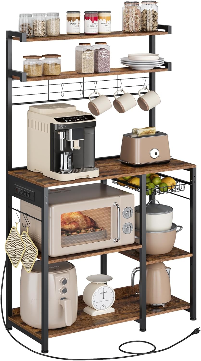 VASAGLE Bakers Rack with Power Outlet, 35.4 Inches Microwave Stand, Coffee Bar, 4 AC Outlets, with Adjustable Shelves, 8 S-Hooks, Basket, Spice Racks, Rustic Brown and Ink Black UKKS031K01-0