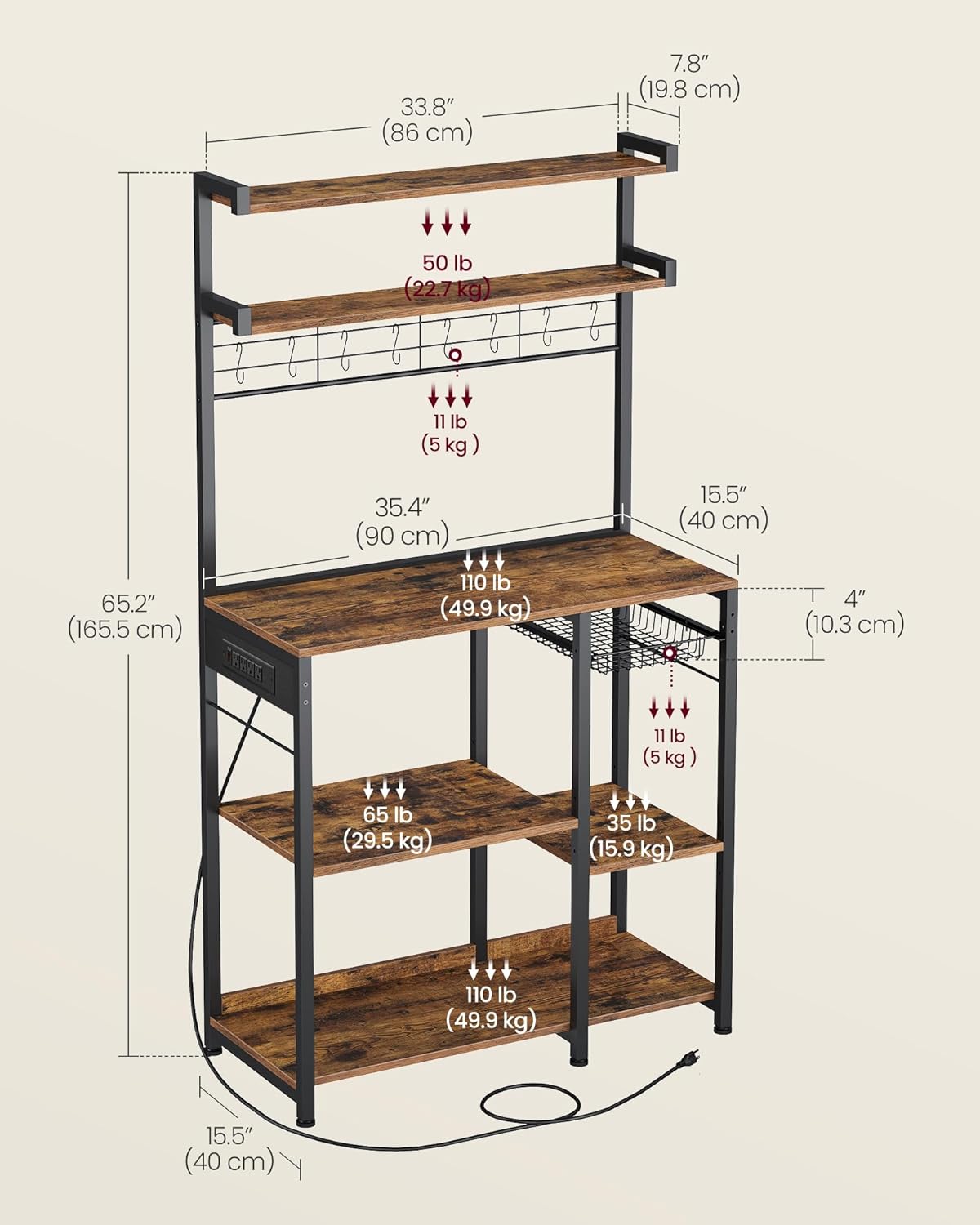 VASAGLE Bakers Rack with Power Outlet, 35.4 Inches Microwave Stand, Coffee Bar, 4 AC Outlets, with Adjustable Shelves, 8 S-Hooks, Basket, Spice Racks, Rustic Brown and Ink Black UKKS031K01-2