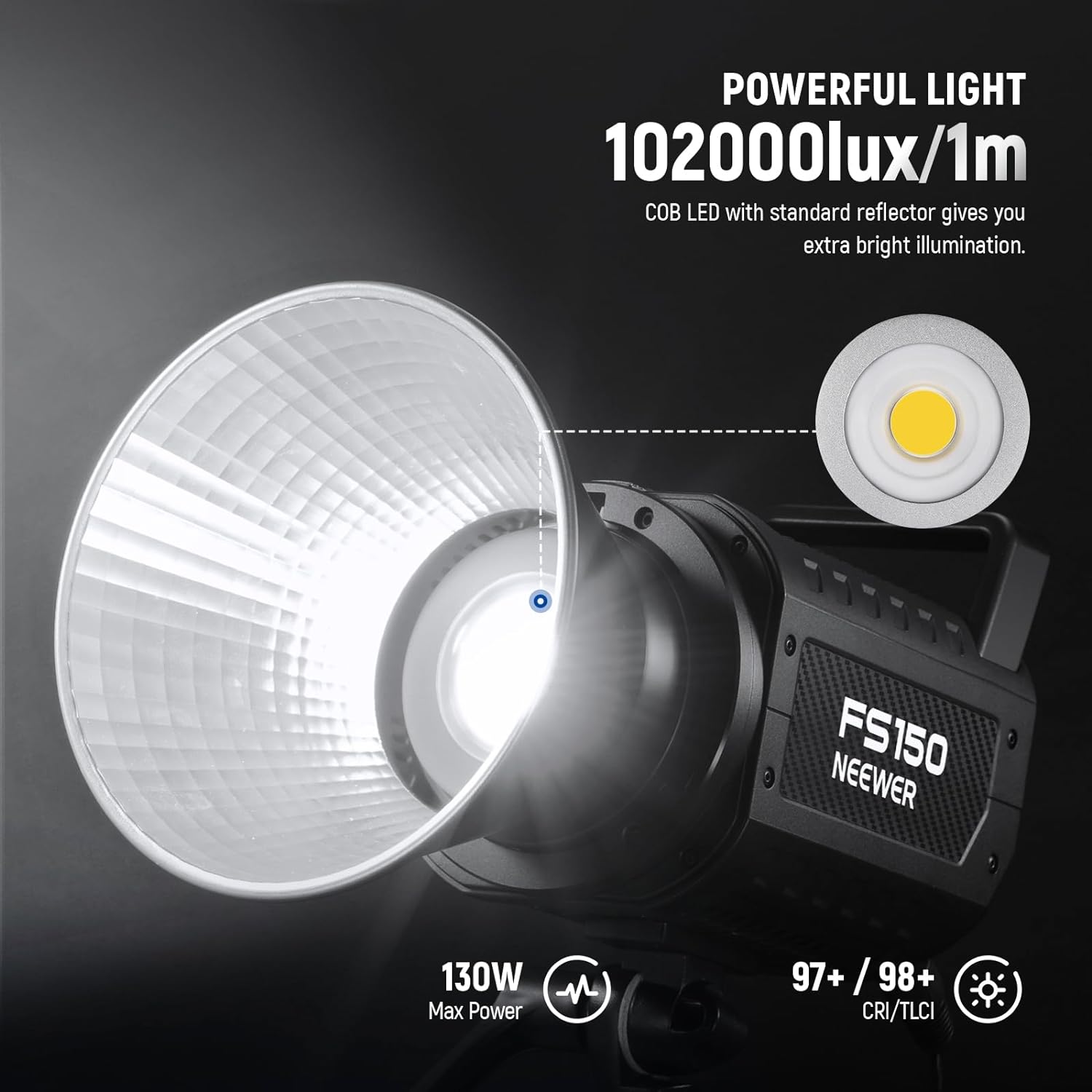 NEEWER FS150 LED Video Light 2.4G/APP Control, 130W 5600K COB Daylight Silent Photography Continuous Output Lighting 4 Precise Dimming Types 102000lux/1m CRI97+ 9 Effects Bowens Mount, US Plug-1