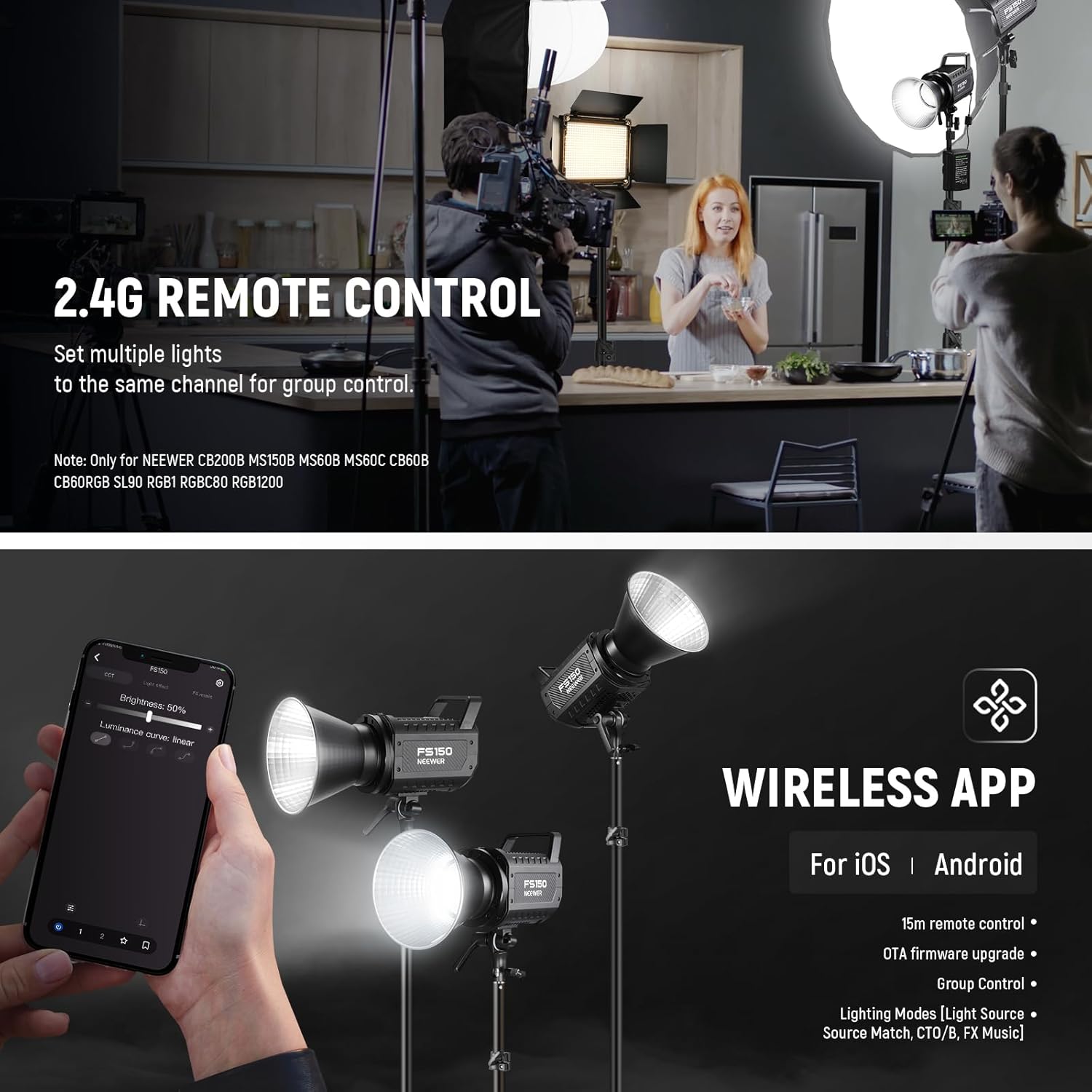 NEEWER FS150 LED Video Light 2.4G/APP Control, 130W 5600K COB Daylight Silent Photography Continuous Output Lighting 4 Precise Dimming Types 102000lux/1m CRI97+ 9 Effects Bowens Mount, US Plug-6