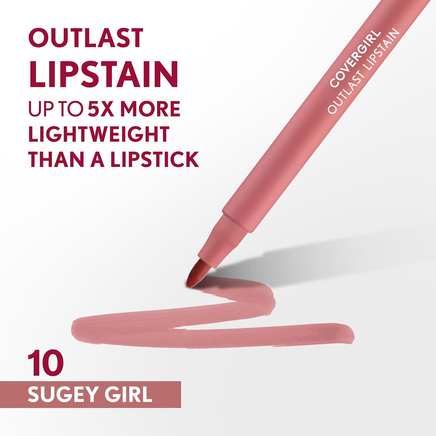 COVERGIRL Outlast, 10 Sugey Girl, Lipstain, Smooth Application, Precise Pen-Like Tip, Transfer-Proof, Satin Stained Finish, Vegan Formula, 0.06oz-1