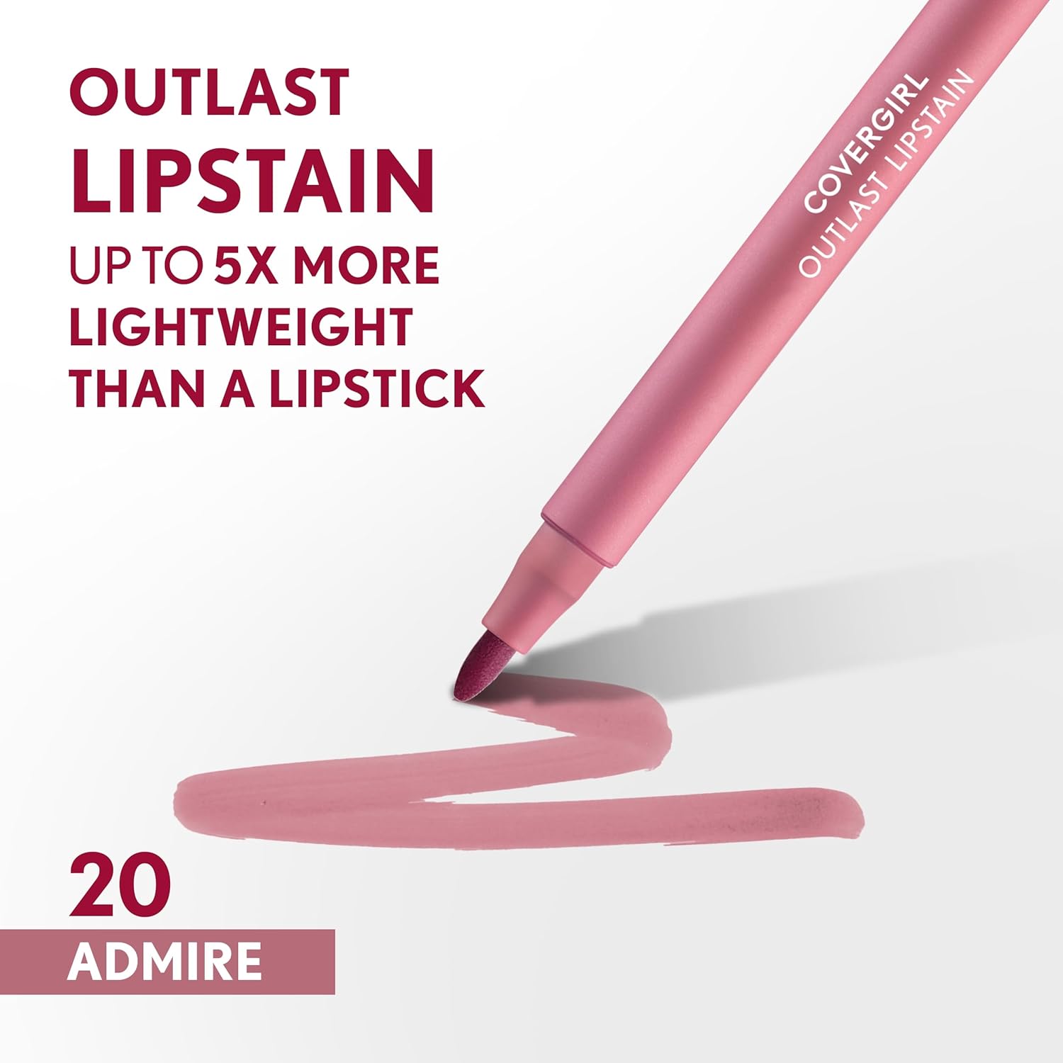 COVERGIRL Outlast, 20 Admire, Lipstain, Smooth Application, Precise Pen-Like Tip, Transfer-Proof, Satin Stained Finish, Vegan Formula, 0.06oz-1