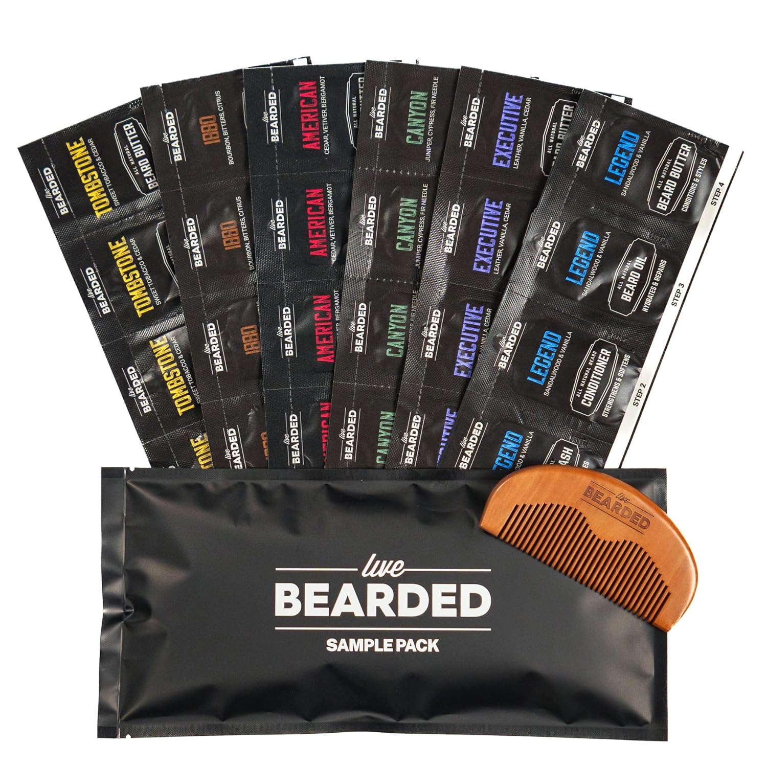 Live Bearded All-Natural Men's Beard Grooming Kit Sample Pack - Discover Your Signature Scent with 6 Different Fragrances, Includes Oil, Beard Butter, Wash, Conditioner, Wooden Comb & Bonus Gift-0