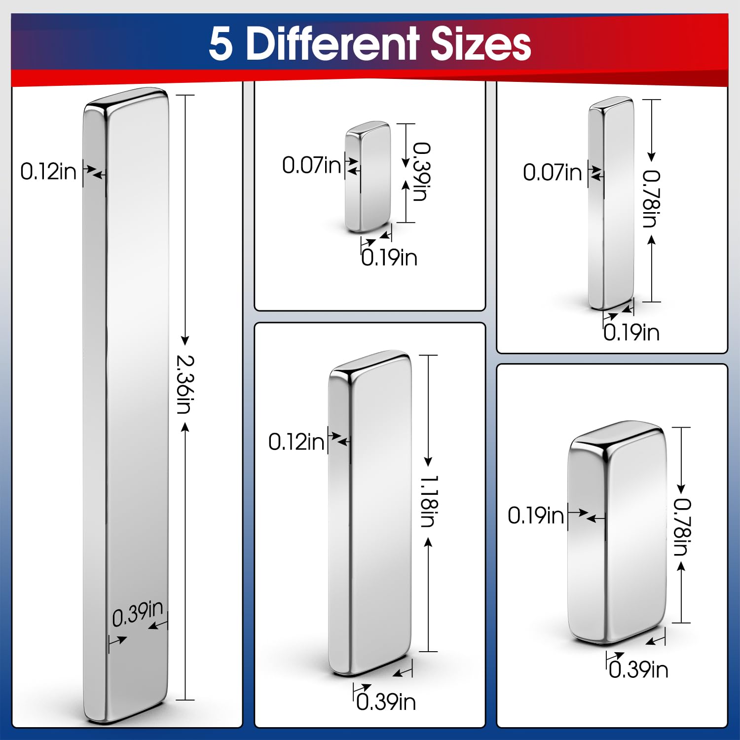 VNDUEEY 112 Pack 5 Mixed Size Double-Sided Bar Magnets, Strong Neodymium Magnets, Rare Earth Magnets with Adhesive Backing, Industrial Scientific Heavy Duty Magnets for Fridge, Door, Nail, Cabinet-1