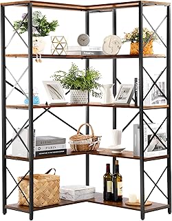 Rengue Bookshelf 5 Tier Corner Shelf, Large Modern Industrial Bookcase L Shaped Storage Display Rack with Heavy Duty Metal Frame for Home Office, Living Room, Bed Room