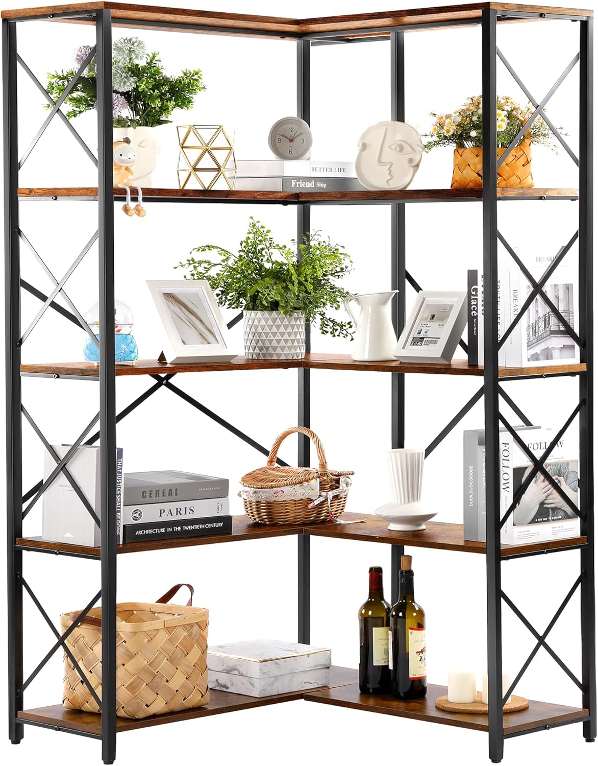 Rengue Bookshelf 5 Tier Corner Shelf, Large Modern Industrial Bookcase L Shaped Storage Display Rack with Heavy Duty Metal Frame for Home Office, Living Room, Bed Room-0