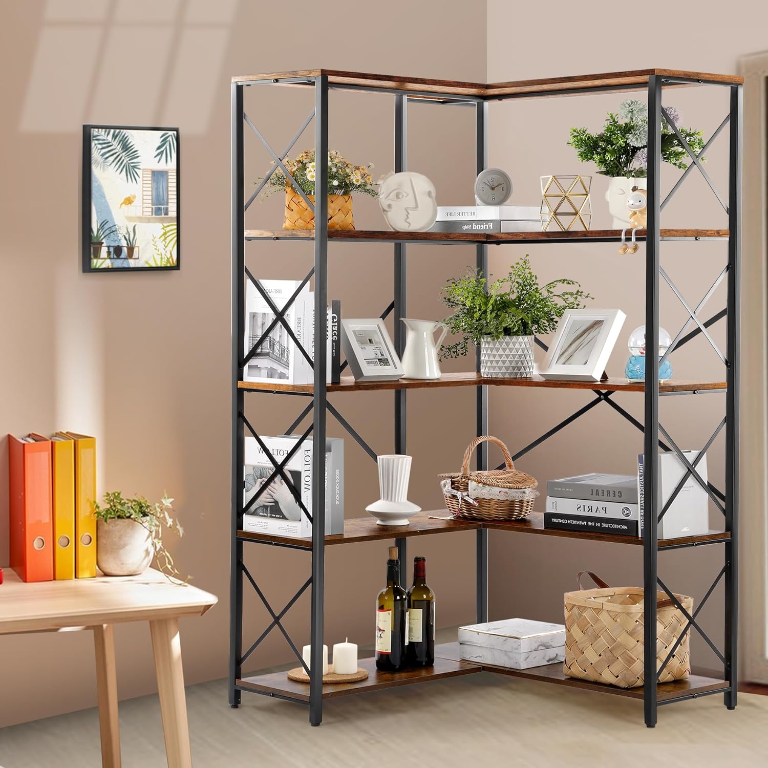 Rengue Bookshelf 5 Tier Corner Shelf, Large Modern Industrial Bookcase L Shaped Storage Display Rack with Heavy Duty Metal Frame for Home Office, Living Room, Bed Room-1