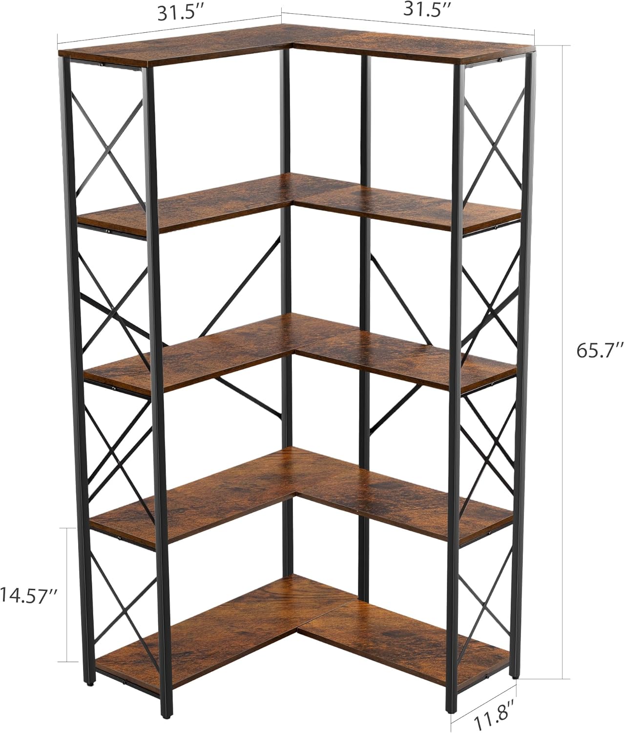 Rengue Bookshelf 5 Tier Corner Shelf, Large Modern Industrial Bookcase L Shaped Storage Display Rack with Heavy Duty Metal Frame for Home Office, Living Room, Bed Room-2