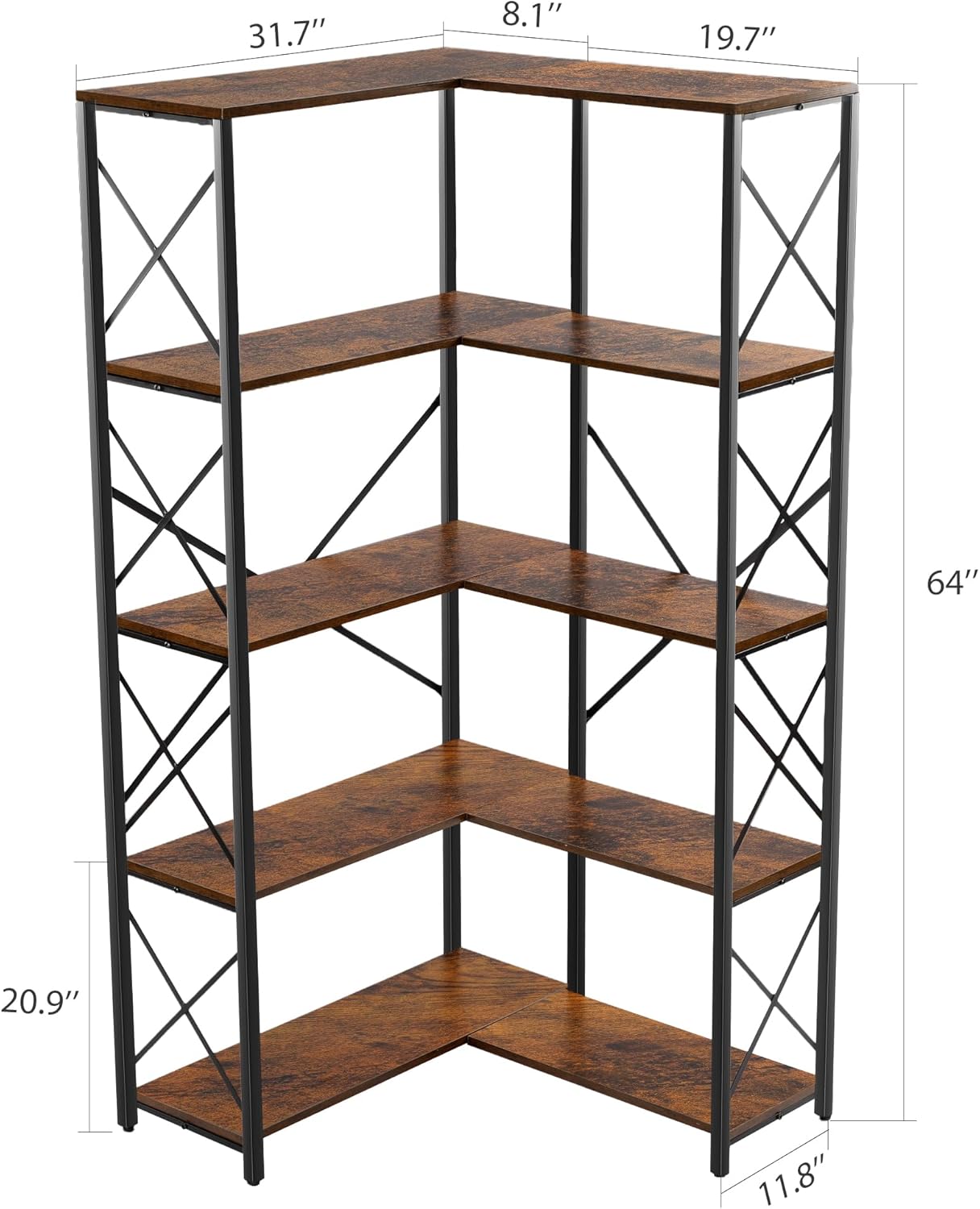 Rengue Bookshelf 5 Tier Corner Shelf, Large Modern Industrial Bookcase L Shaped Storage Display Rack with Heavy Duty Metal Frame for Home Office, Living Room, Bed Room-6