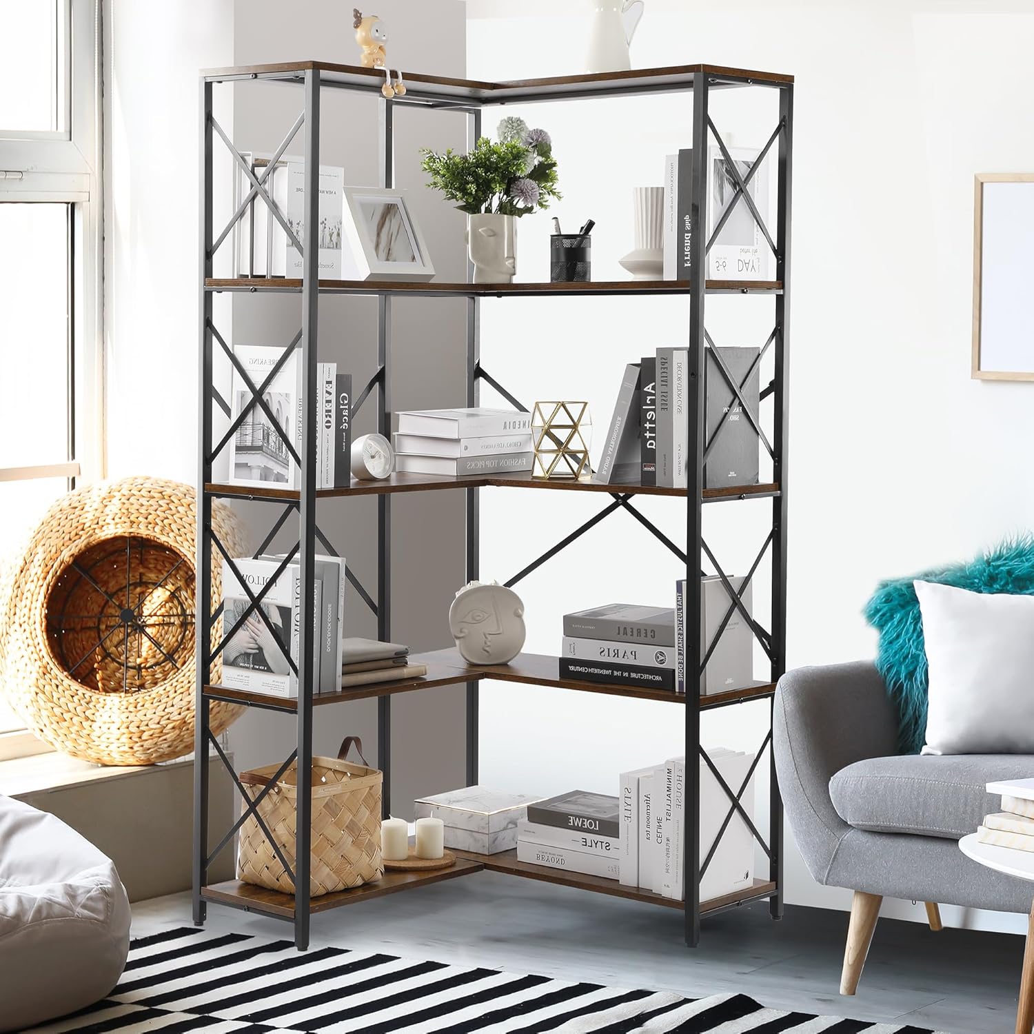 Rengue Bookshelf 5 Tier Corner Shelf, Large Modern Industrial Bookcase L Shaped Storage Display Rack with Heavy Duty Metal Frame for Home Office, Living Room, Bed Room-7