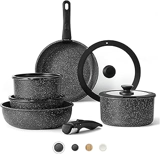 CAROTE 11pcs Nonstick Cookware Set With Detachable Handle, Induction Kitchen Sets Non Stick, Removable Handle, RV Oven Safe, Black