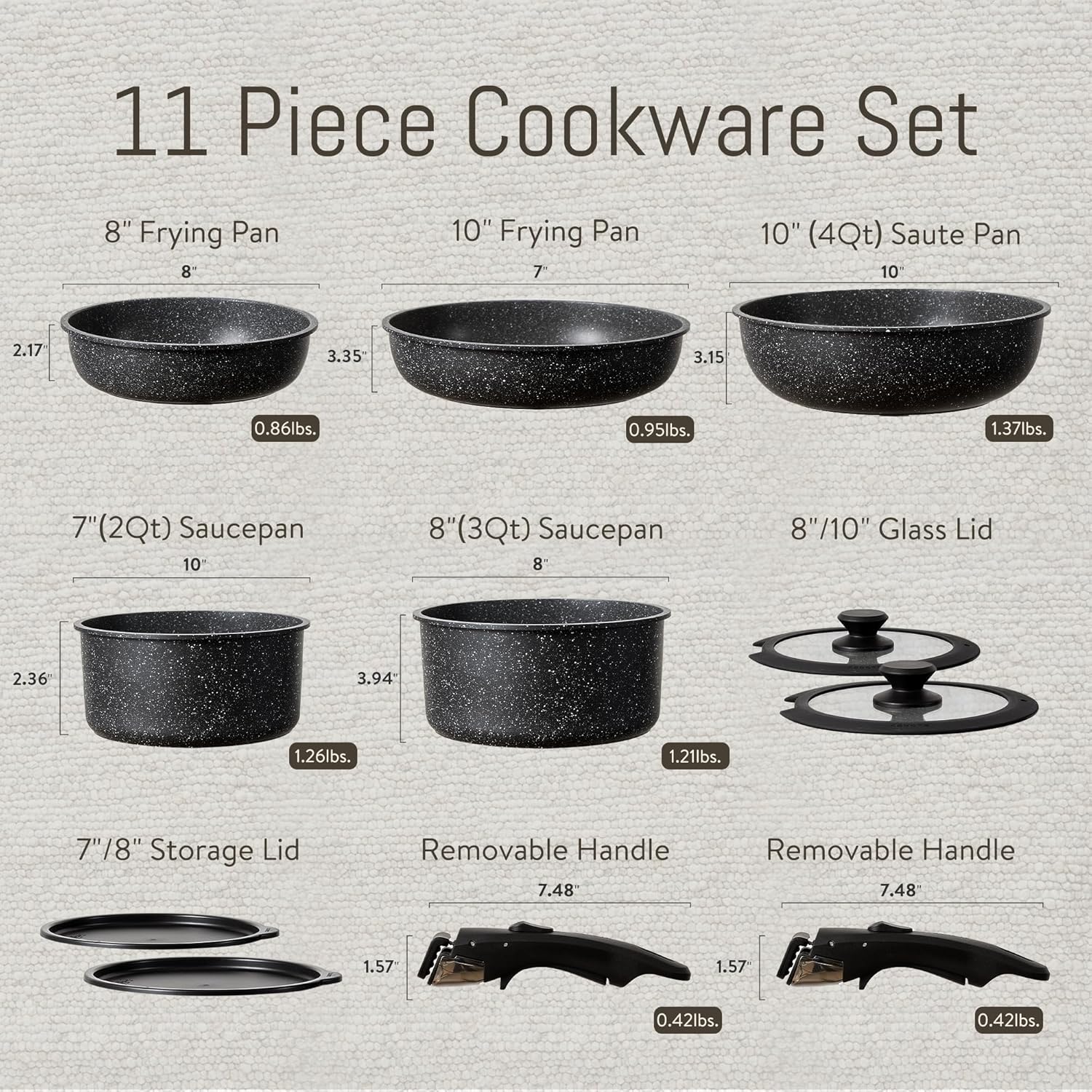 CAROTE 11pcs Nonstick Cookware Set With Detachable Handle, Induction Kitchen Sets Non Stick, Removable Handle, RV Oven Safe, Black-1