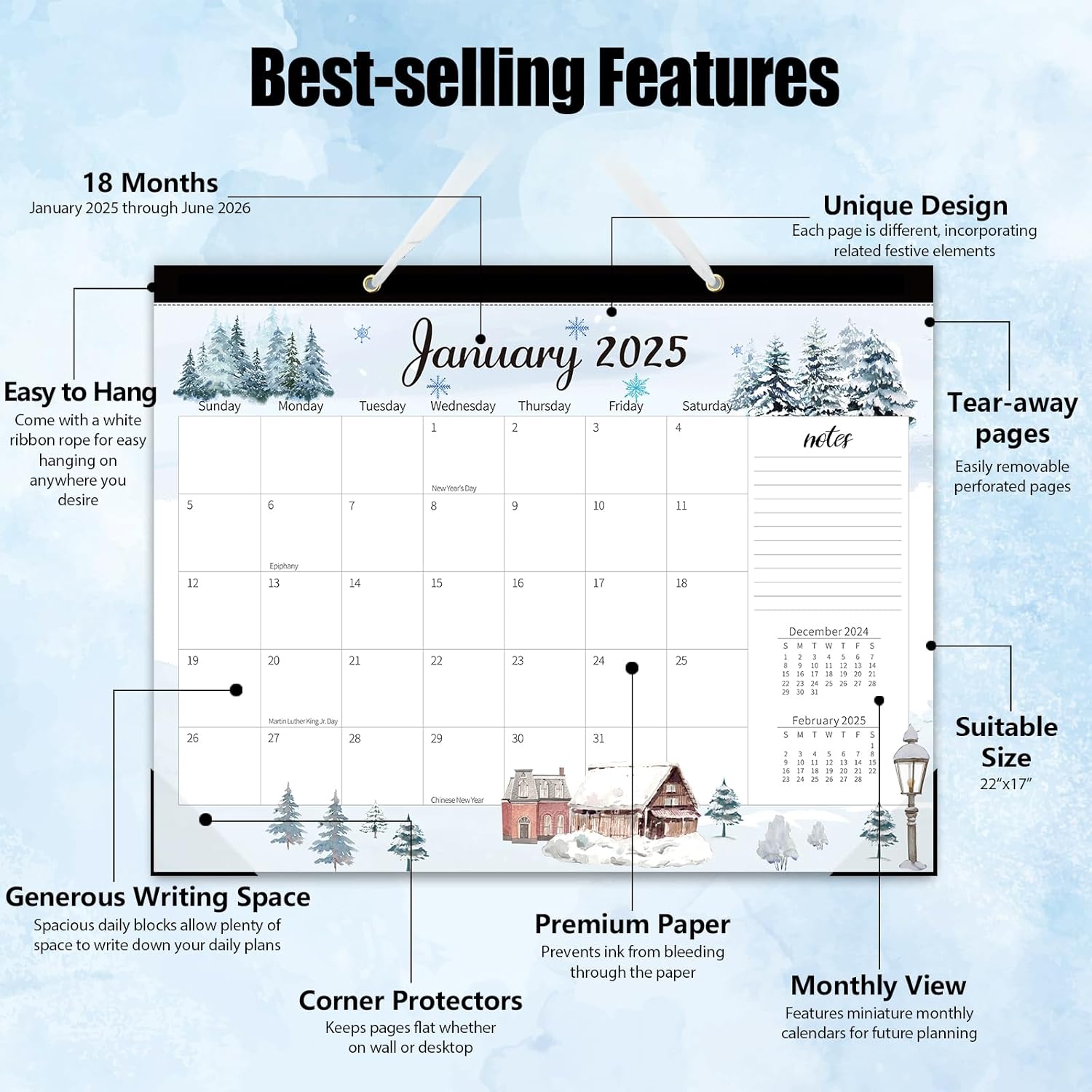 GuassLee Monthly Large Desk Calendar 2025-18 Months 22" x 17" Calendar from Jan. 2025 to Jun. 2026, Large Monthly Planner with Holiday Watercolor Design for Office School Home Organizing-3