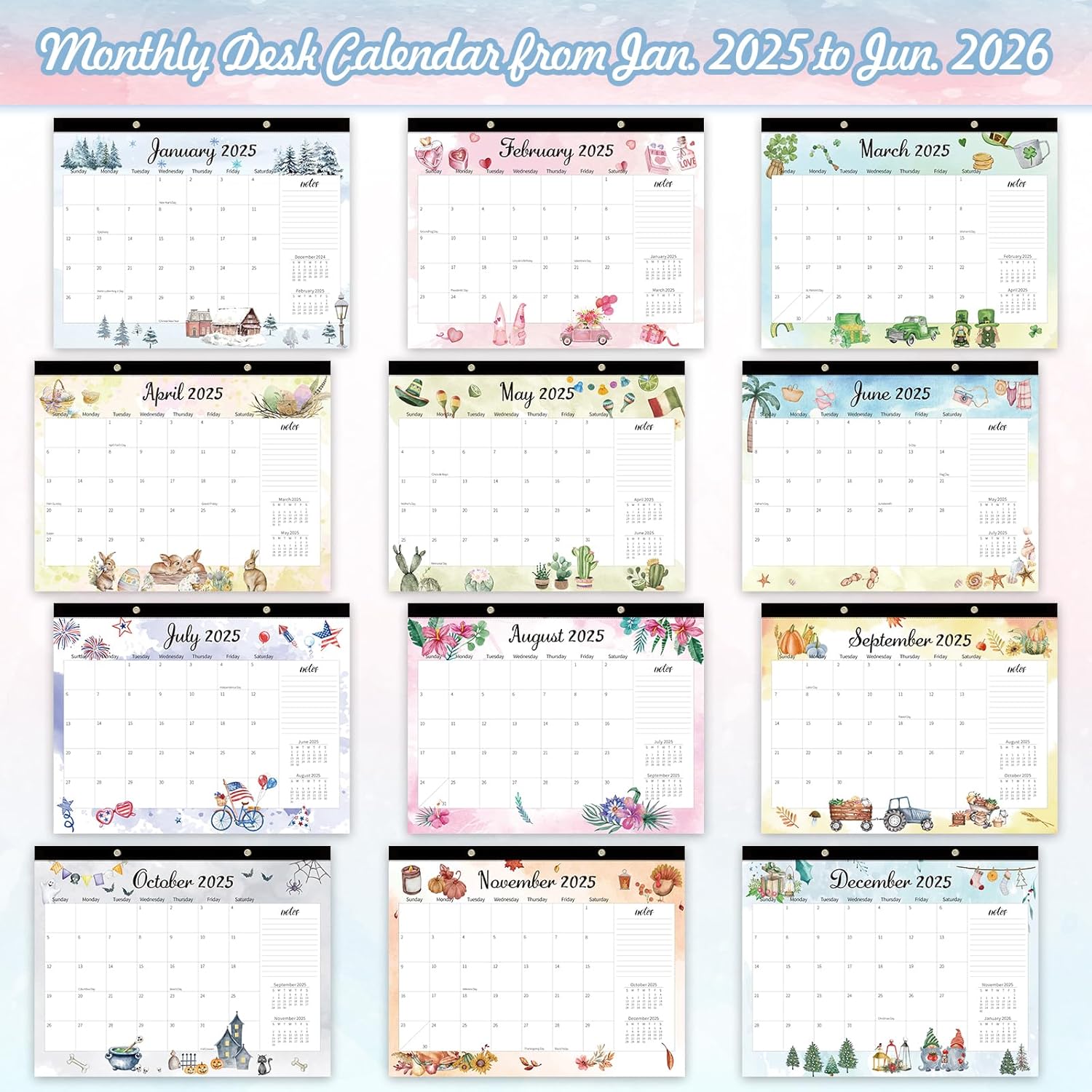 GuassLee Monthly Large Desk Calendar 2025-18 Months 22" x 17" Calendar from Jan. 2025 to Jun. 2026, Large Monthly Planner with Holiday Watercolor Design for Office School Home Organizing-5