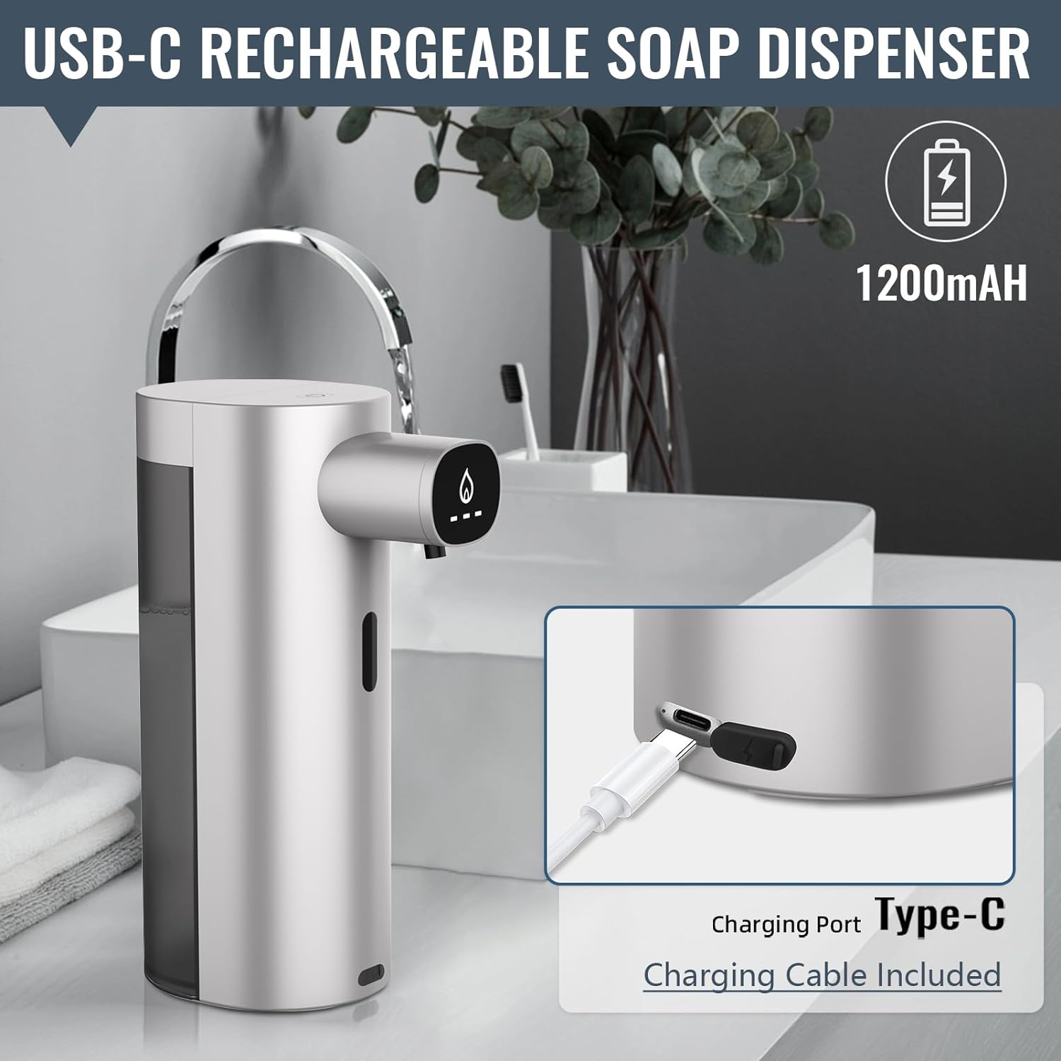 Soap Dispenser, Automatic Soap Dispenser, 3 Levels Adjustable Soap Dispenser Bathroom, 10.1OZ/300ml Automatic Soap Dispenser Touchless, USB Rechargeable Touchless Soap Dispenser for Bathroom, Kitchen-3